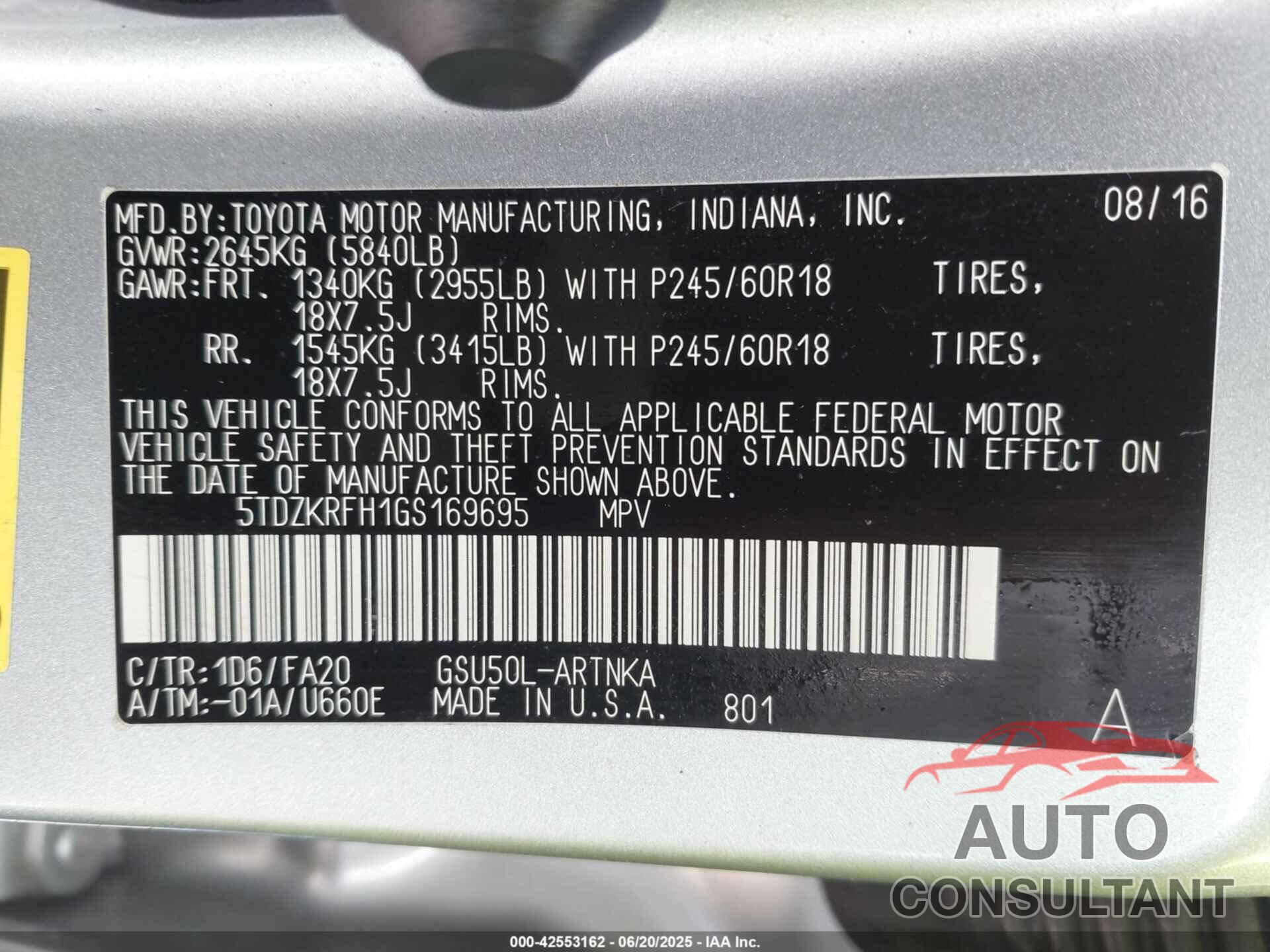 TOYOTA HIGHLANDER 2016 - 5TDZKRFH1GS169695