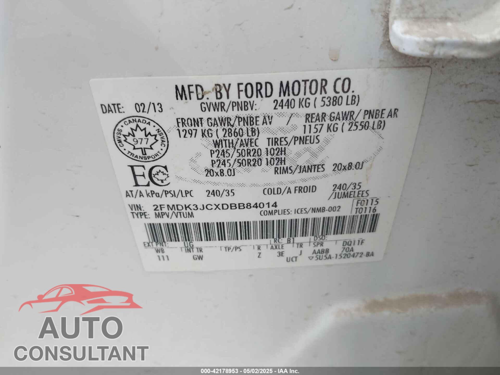 FORD EDGE 2013 - 2FMDK3JCXDBB84014
