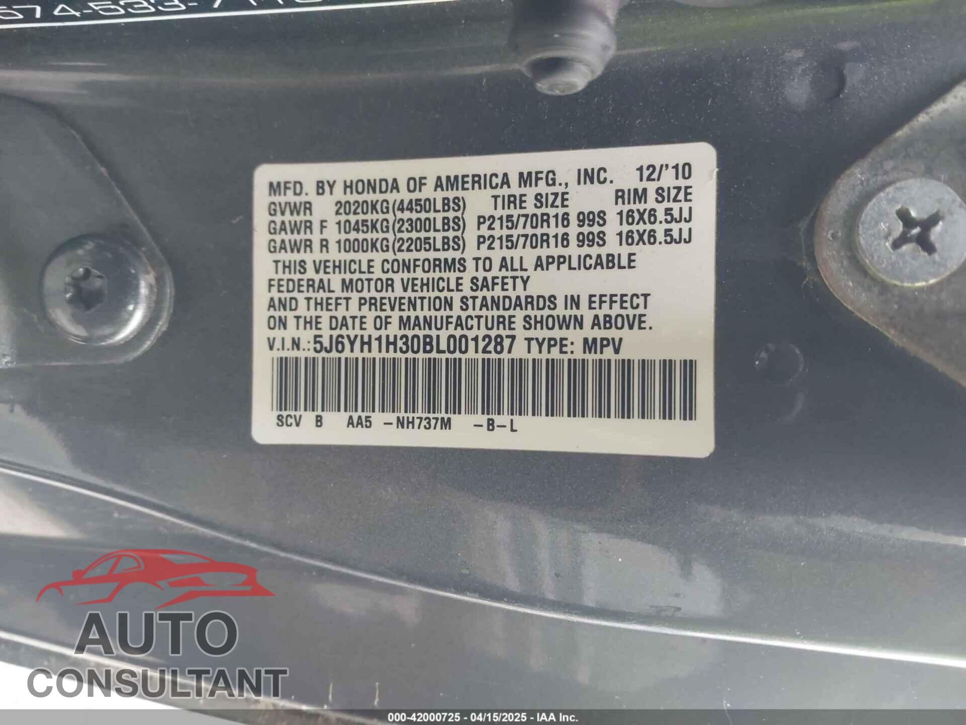 HONDA ELEMENT 2011 - 5J6YH1H30BL001287