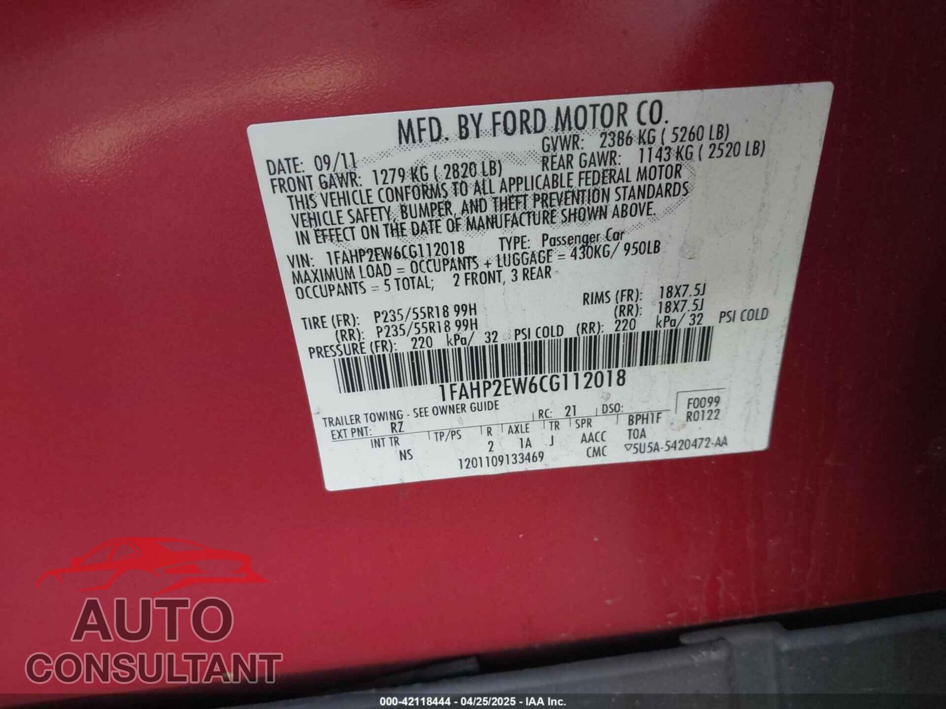 FORD TAURUS 2012 - 1FAHP2EW6CG112018