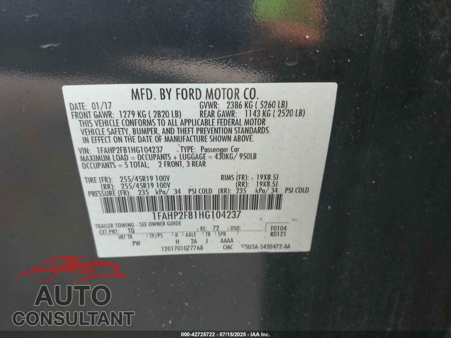 FORD TAURUS 2017 - 1FAHP2F81HG104237