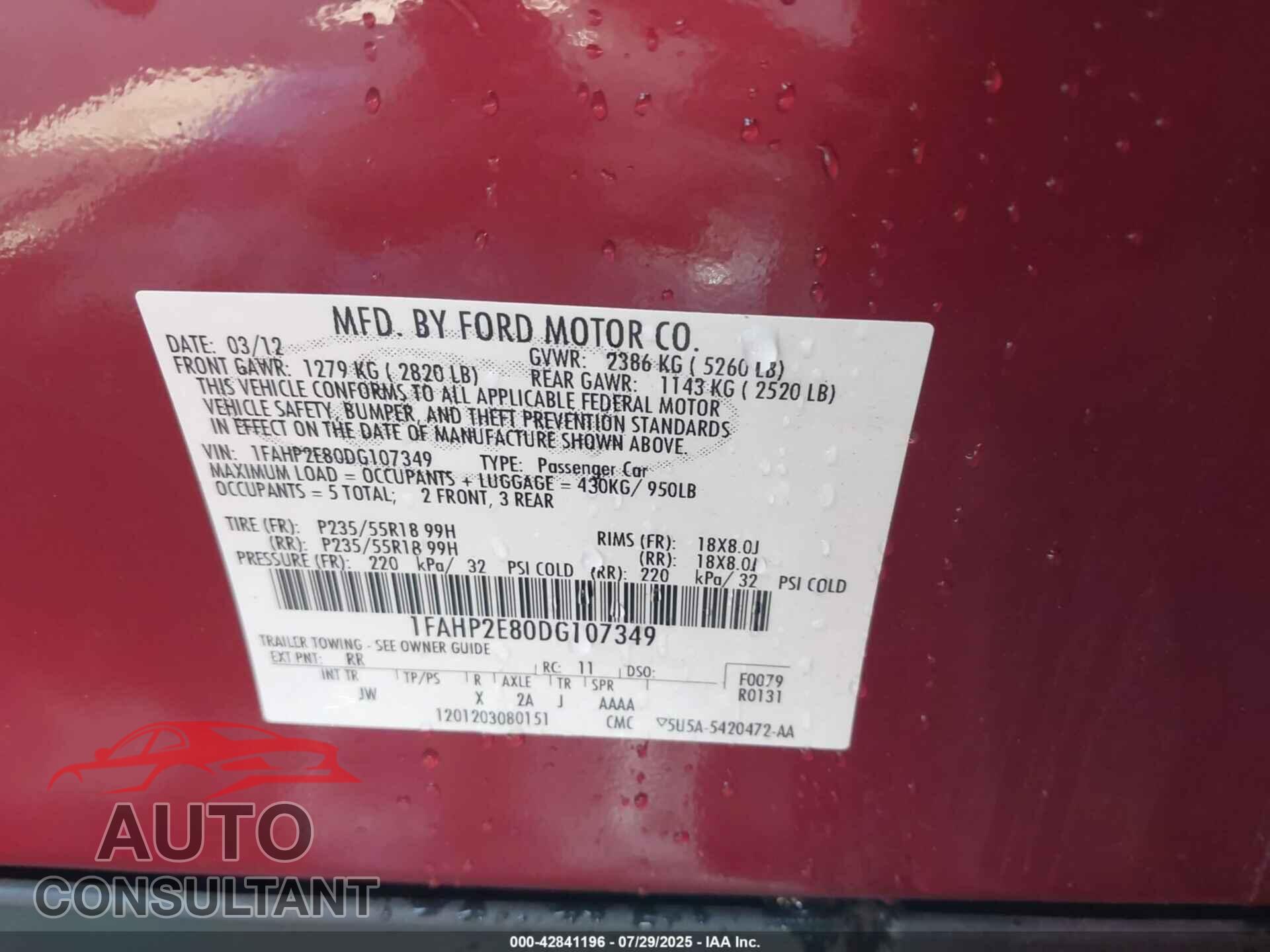FORD TAURUS 2013 - 1FAHP2E80DG107349