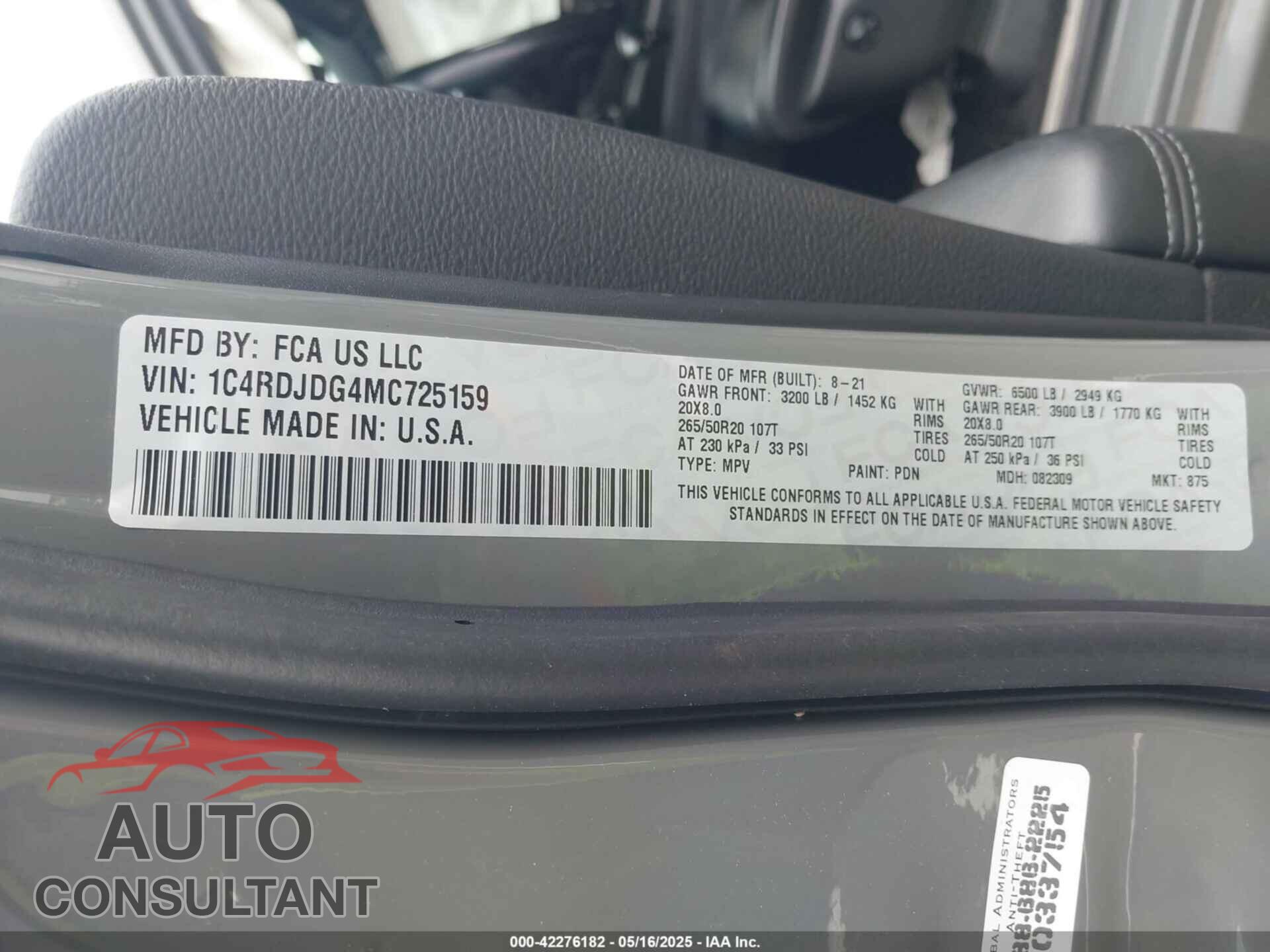 DODGE DURANGO 2021 - 1C4RDJDG4MC725159