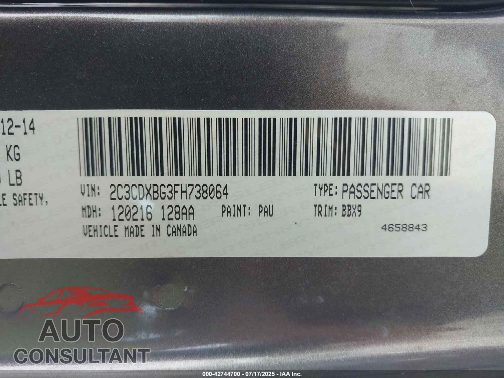 DODGE CHARGER 2015 - 2C3CDXBG3FH738064