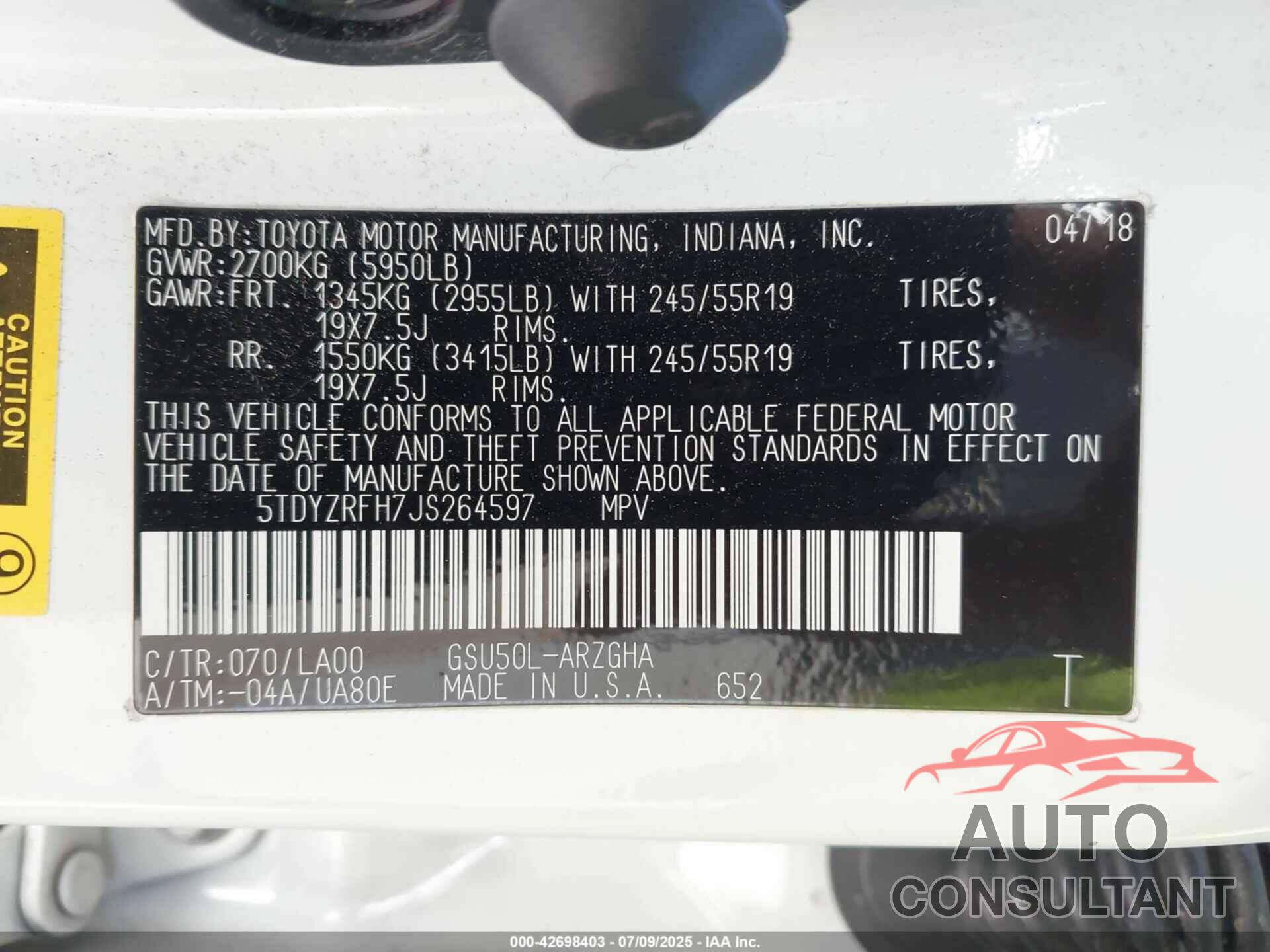 TOYOTA HIGHLANDER 2018 - 5TDYZRFH7JS264597