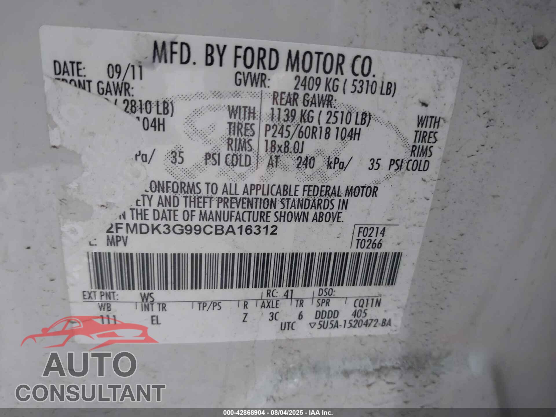 FORD EDGE 2012 - 2FMDK3G99CBA16312