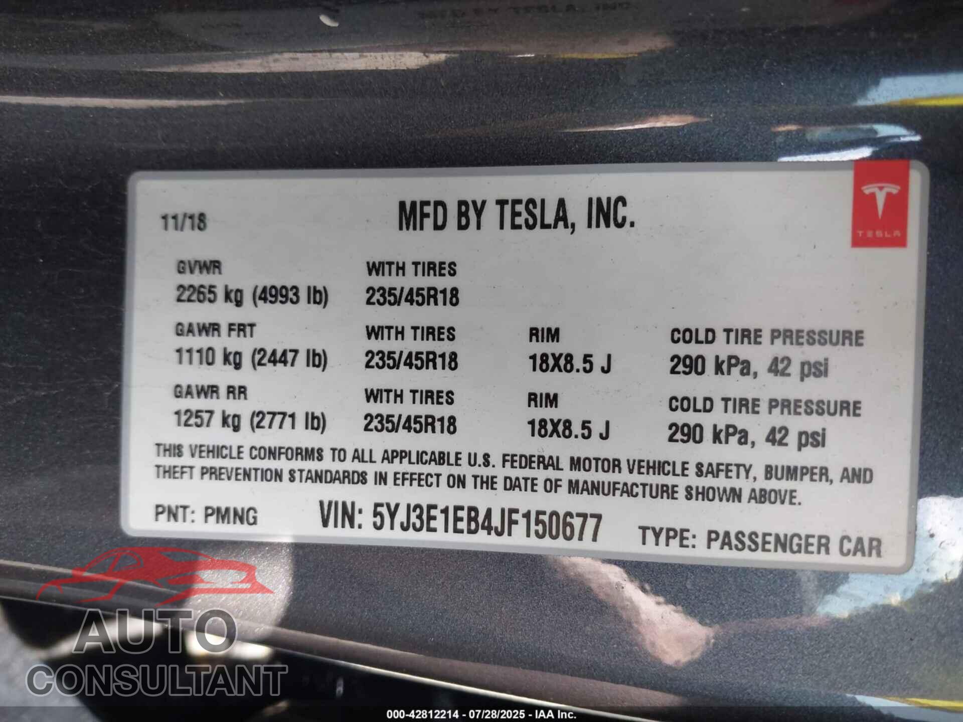 TESLA MODEL 3 2018 - 5YJ3E1EB4JF150677