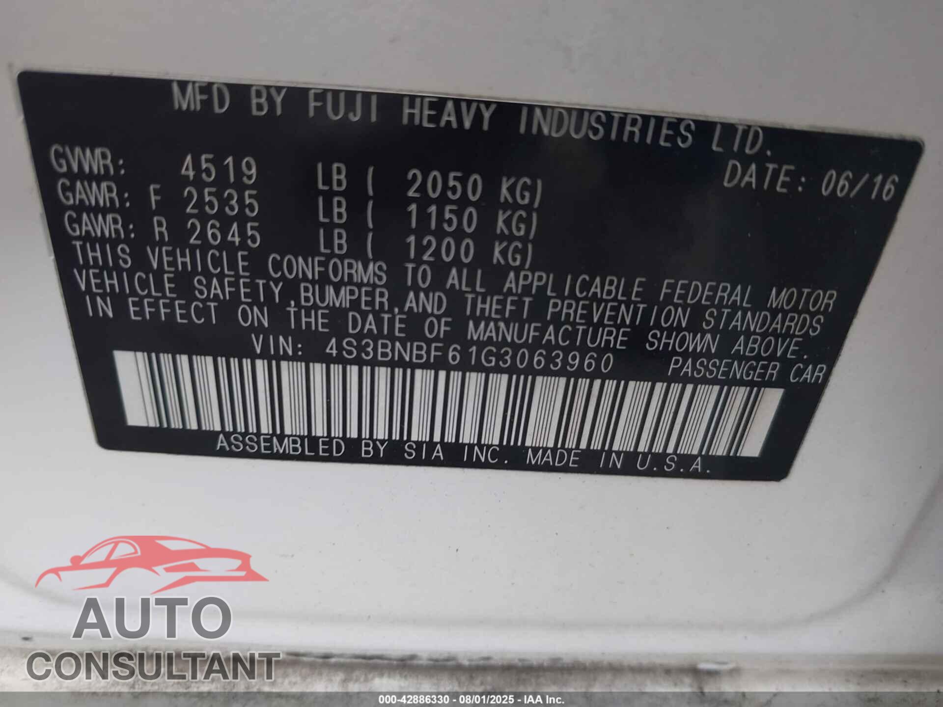 SUBARU LEGACY 2016 - 4S3BNBF61G3063960