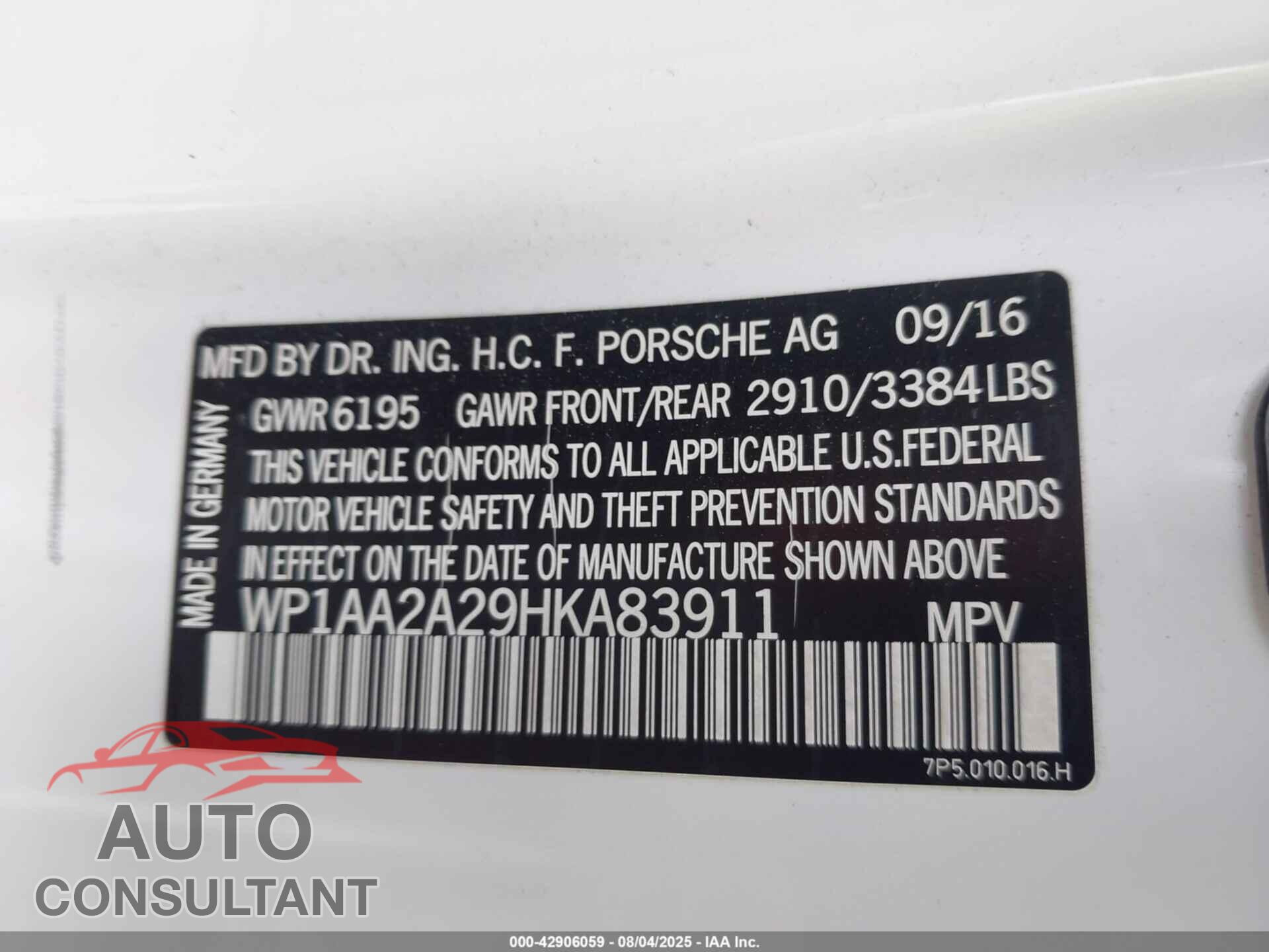 PORSCHE CAYENNE 2017 - WP1AA2A29HKA83911