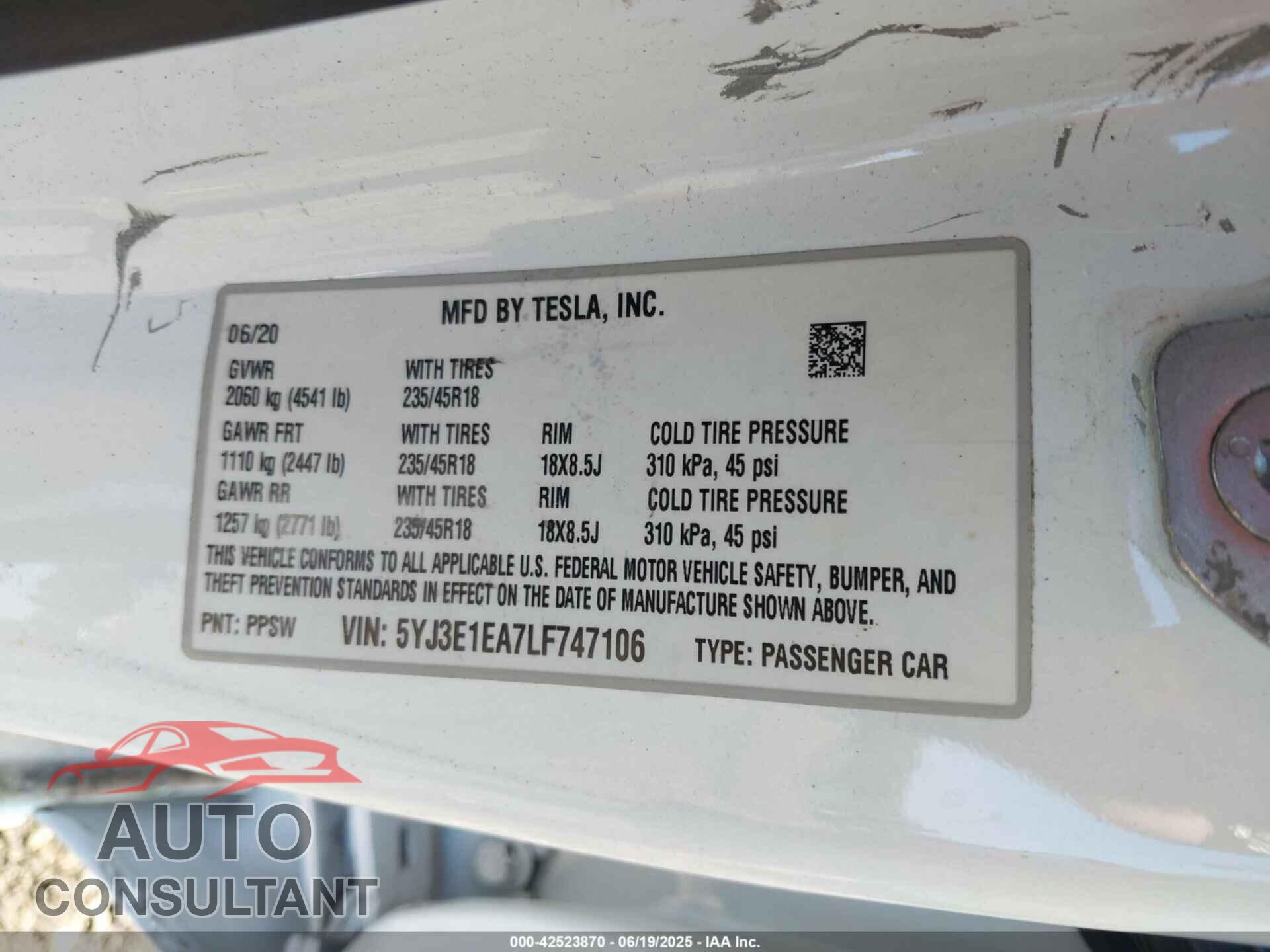 TESLA MODEL 3 2020 - 5YJ3E1EA7LF747106