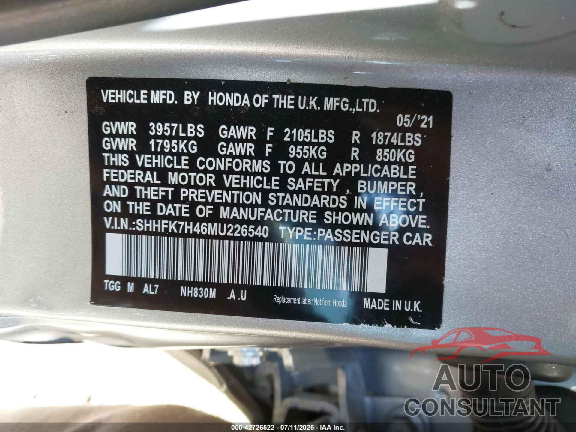 HONDA CIVIC 2021 - SHHFK7H46MU226540