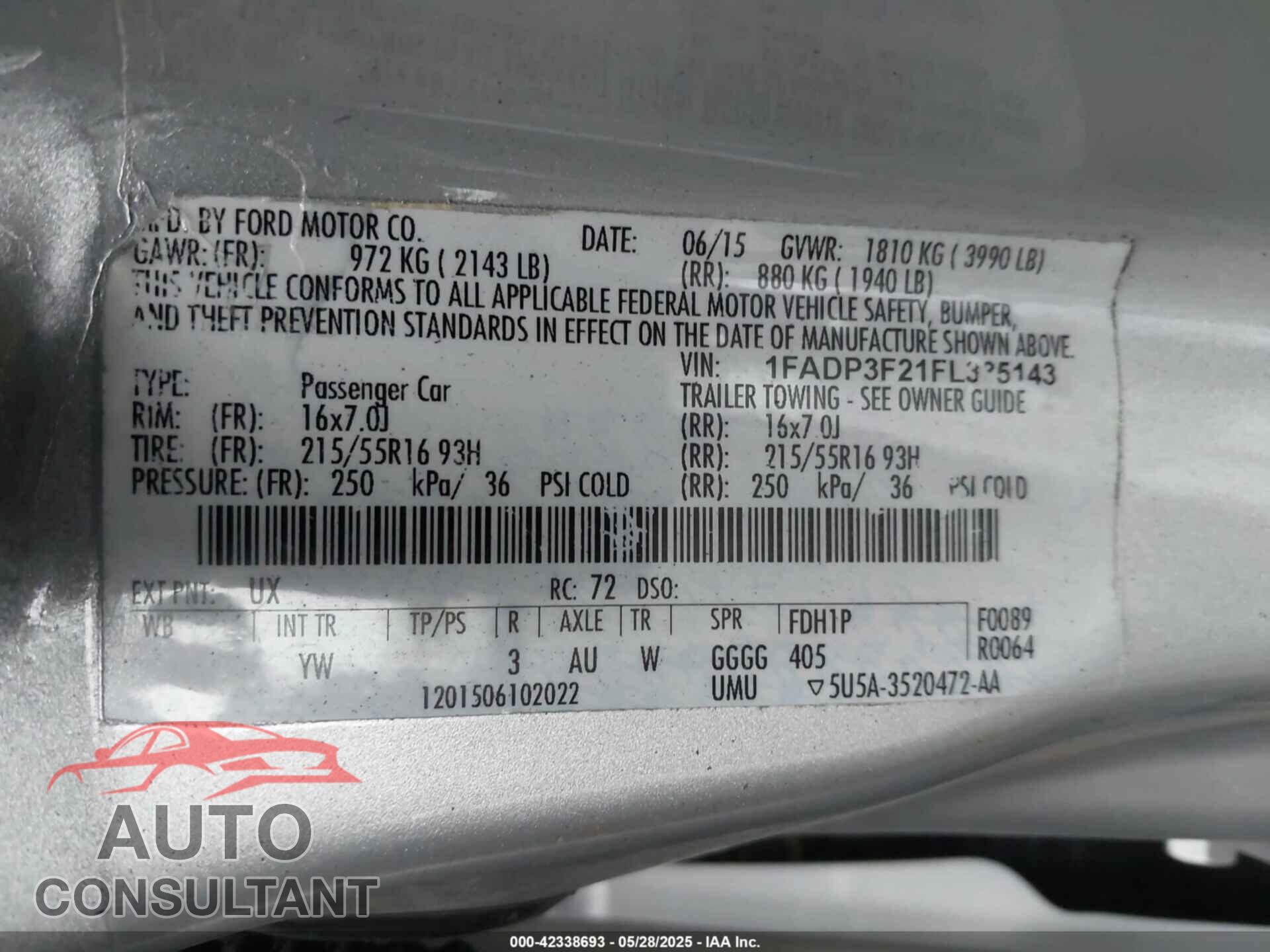 FORD FOCUS 2015 - 1FADP3F21FL335143