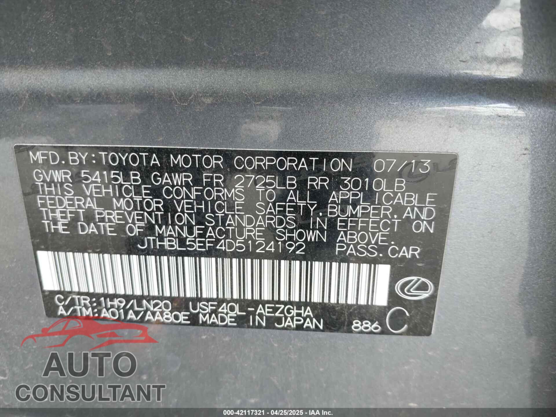 LEXUS LS 460 2013 - JTHBL5EF4D5124192