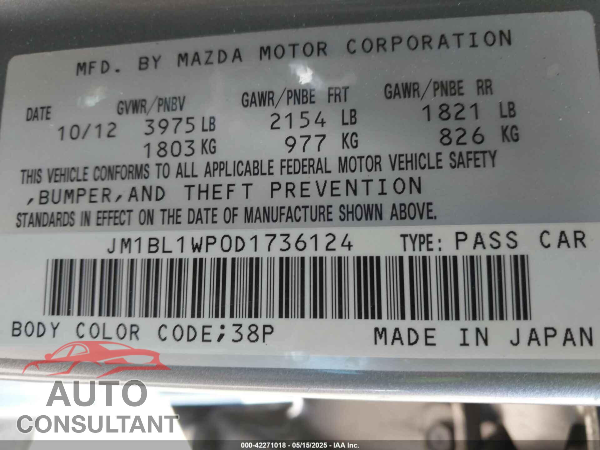 MAZDA MAZDA3 2013 - JM1BL1WP0D1736124