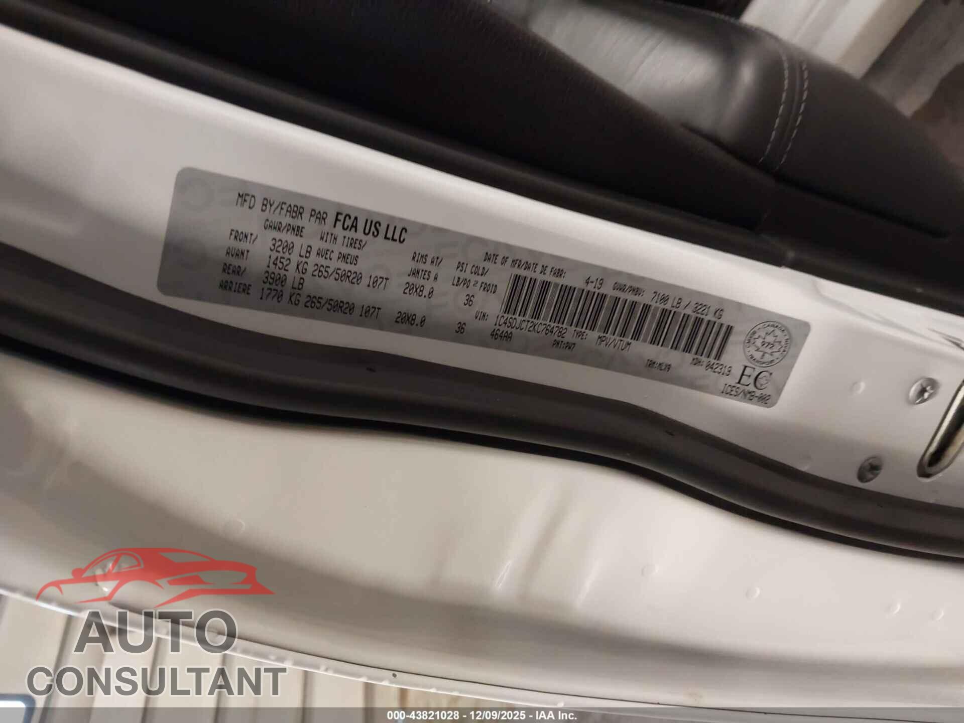 DODGE DURANGO 2019 - 1C4SDJCT2KC764782