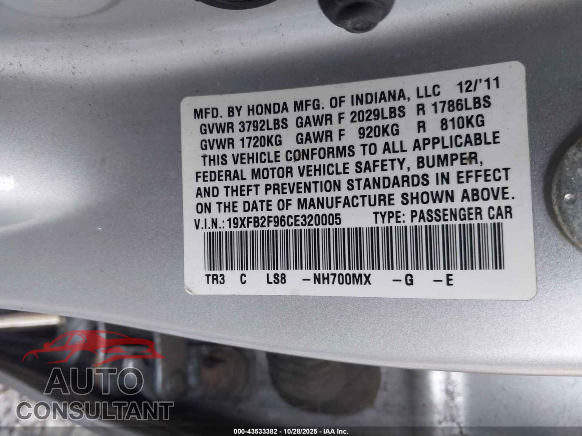 HONDA CIVIC 2012 - 19XFB2F96CE320005