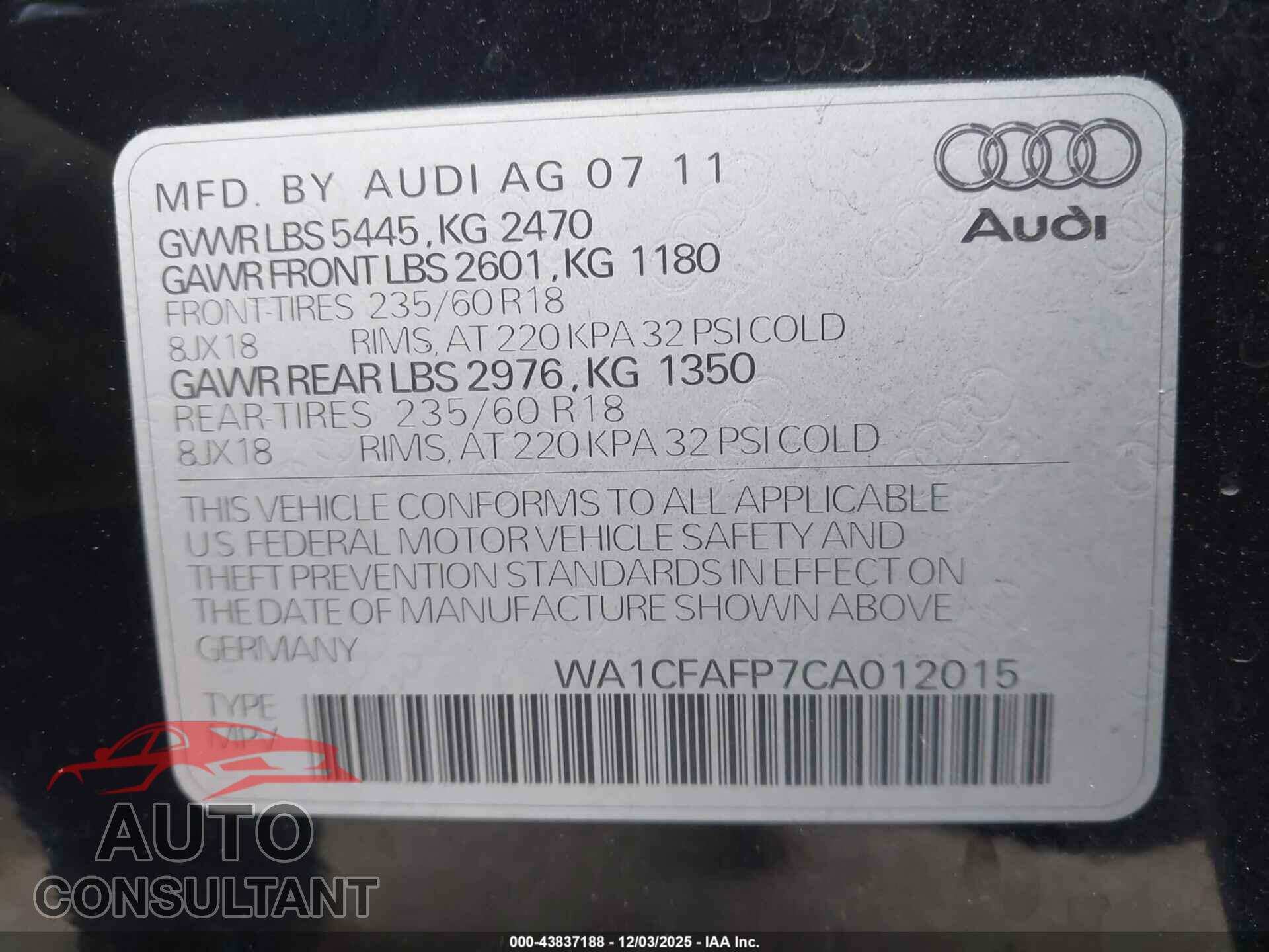 AUDI Q5 2012 - WA1CFAFP7CA012015
