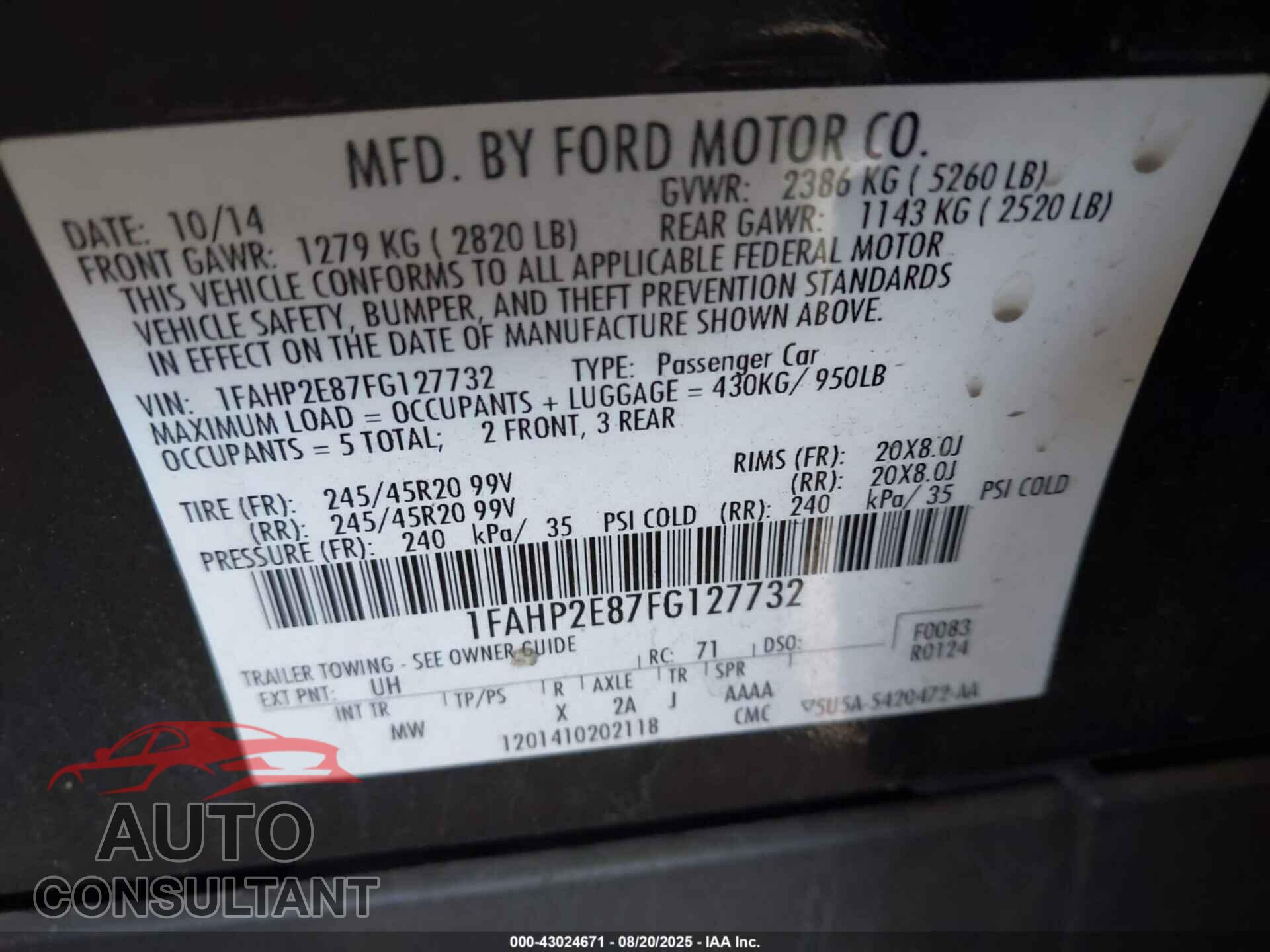 FORD TAURUS 2015 - 1FAHP2E87FG127732