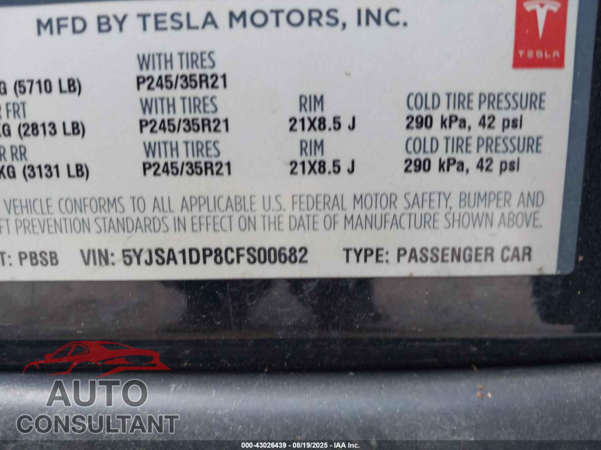 TESLA MODEL S 2012 - 5YJSA1DP8CFS00682