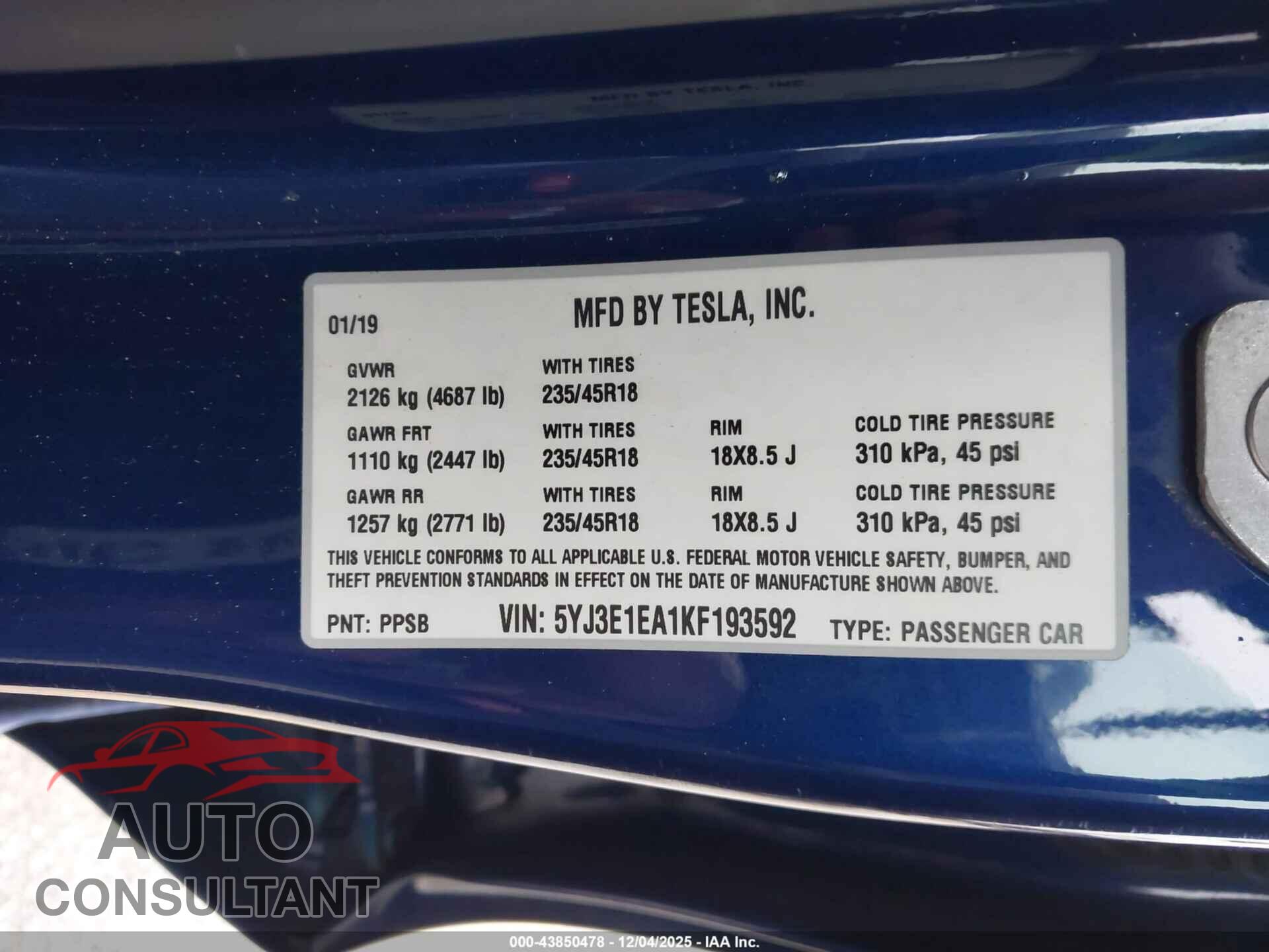 TESLA MODEL 3 2019 - 5YJ3E1EA1KF193592