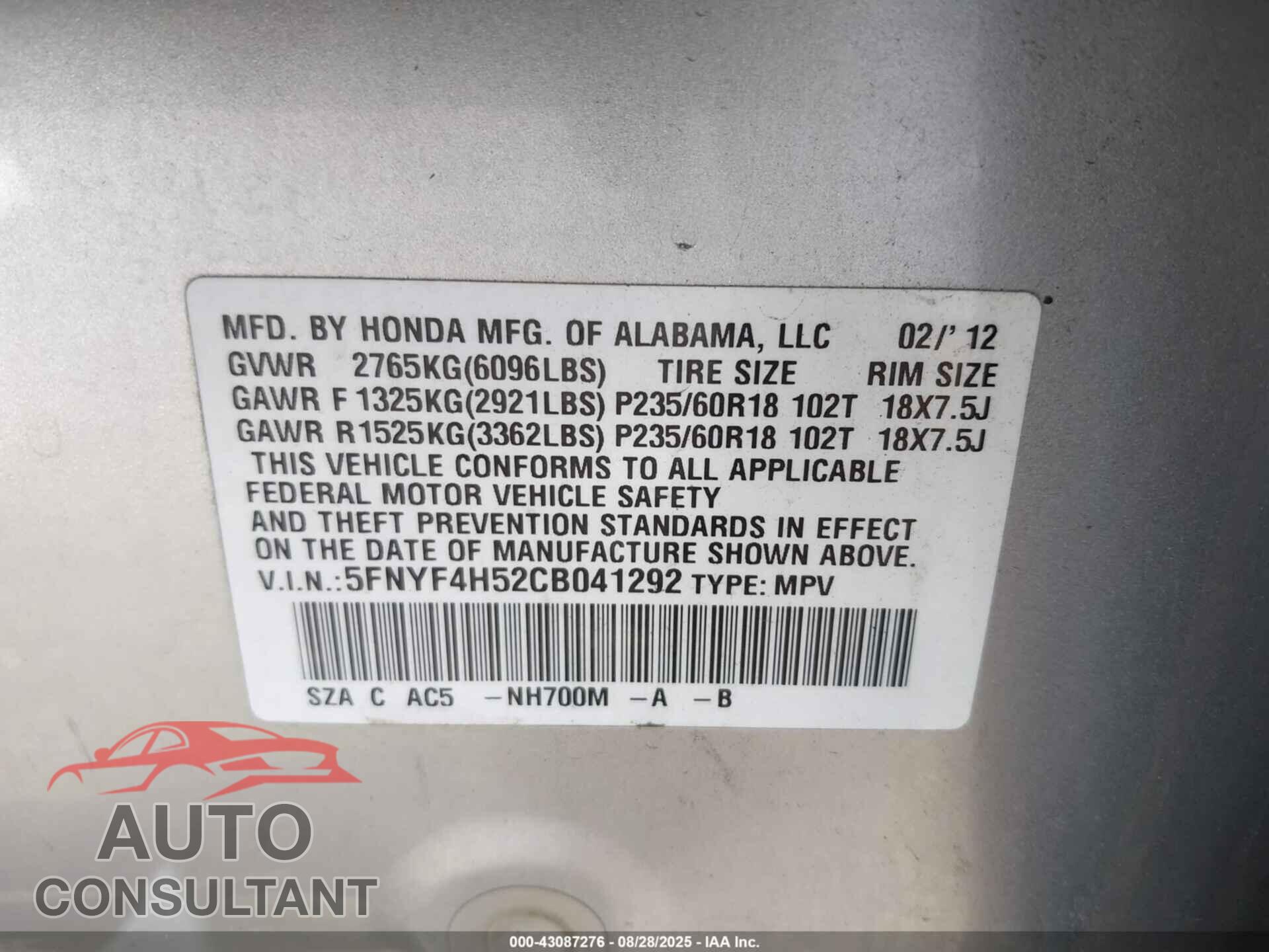 HONDA PILOT 2012 - 5FNYF4H52CB041292