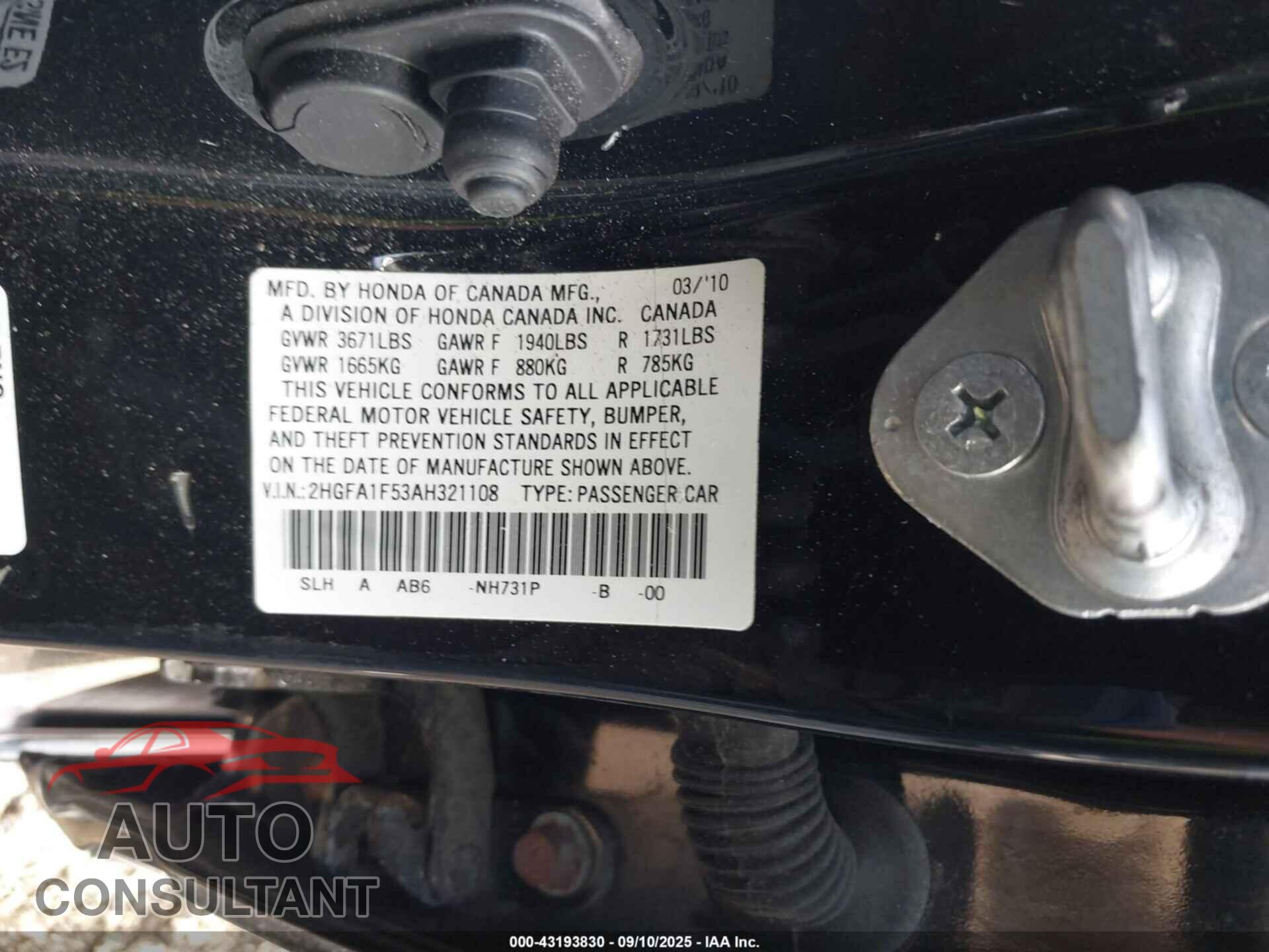HONDA CIVIC 2010 - 2HGFA1F53AH321108