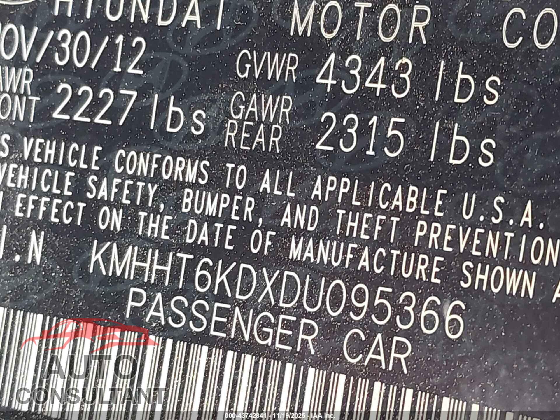 HYUNDAI GENESIS 2013 - KMHHT6KDXDU095366