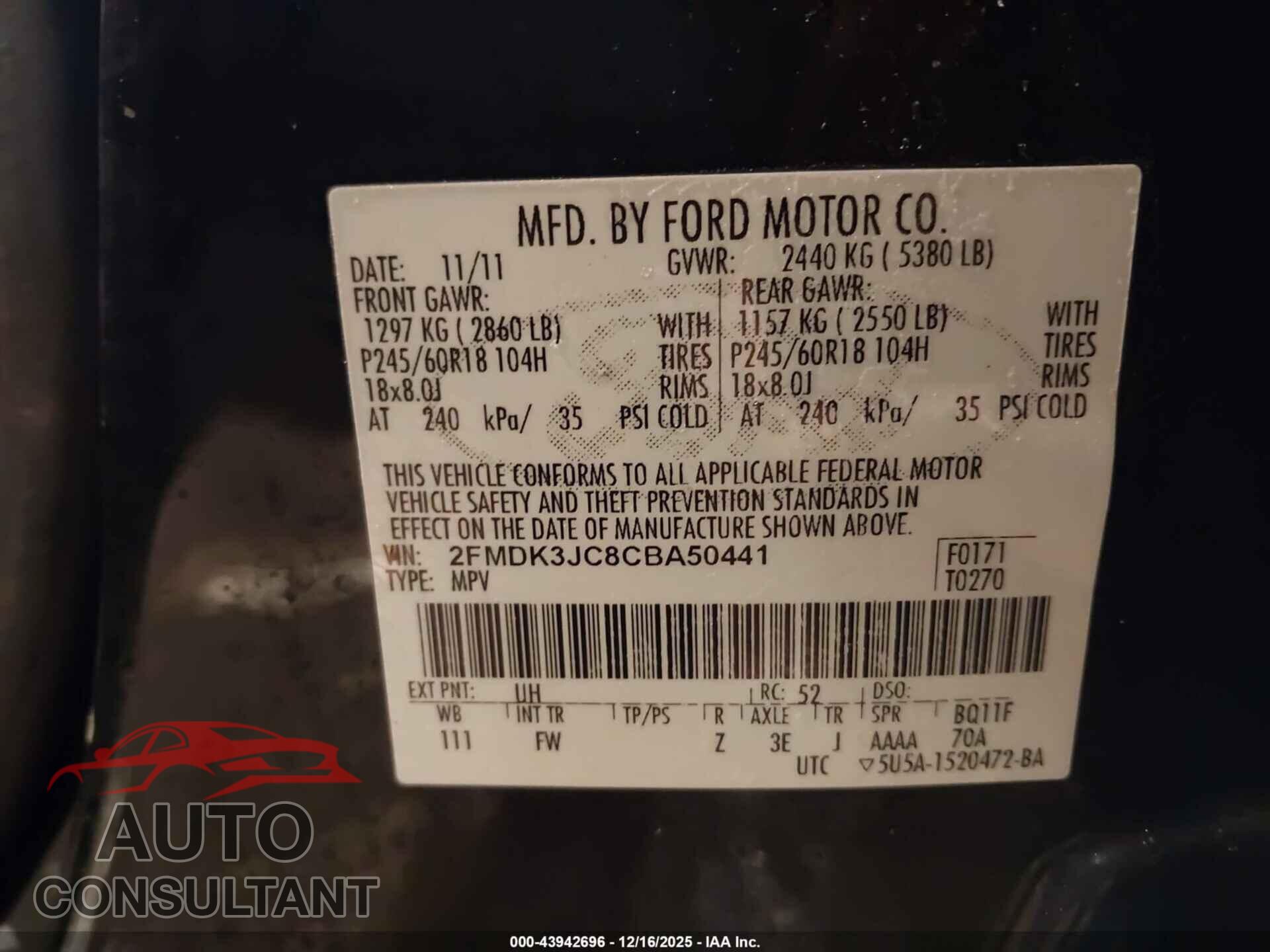 FORD EDGE 2012 - 2FMDK3JC8CBA50441