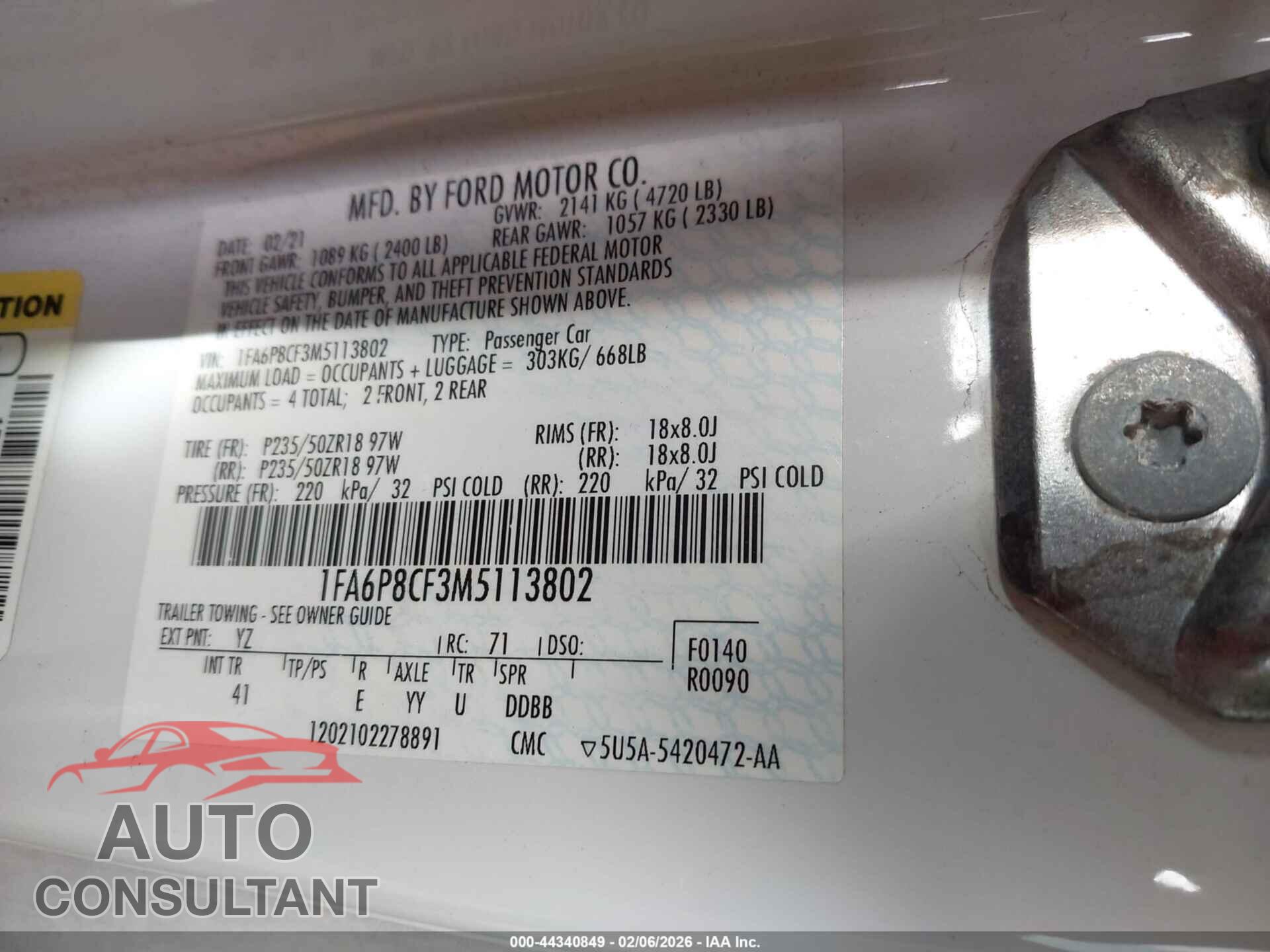 FORD MUSTANG 2021 - 1FA6P8CF3M5113802