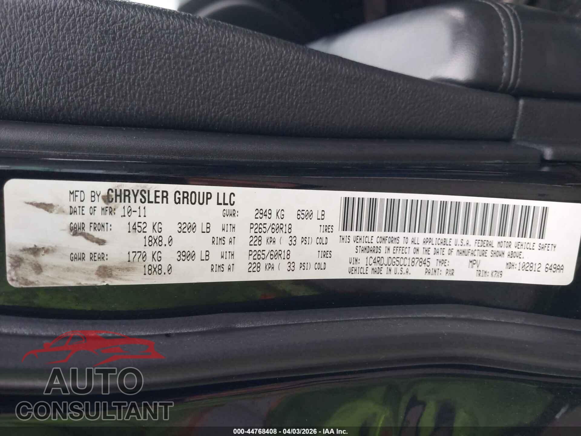 DODGE DURANGO 2012 - 1C4RDJDG5CC187845
