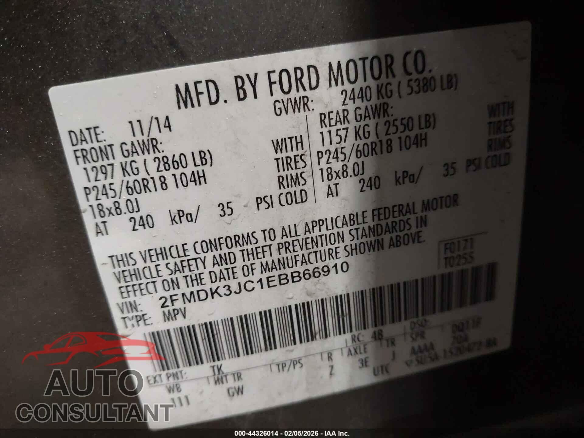 FORD EDGE 2014 - 2FMDK3JC1EBB66910