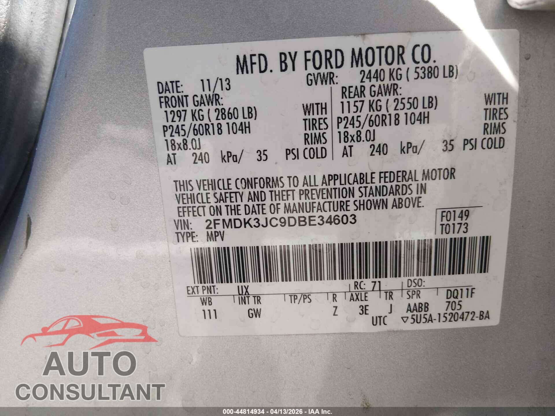 FORD EDGE 2013 - 2FMDK3JC9DBE34603