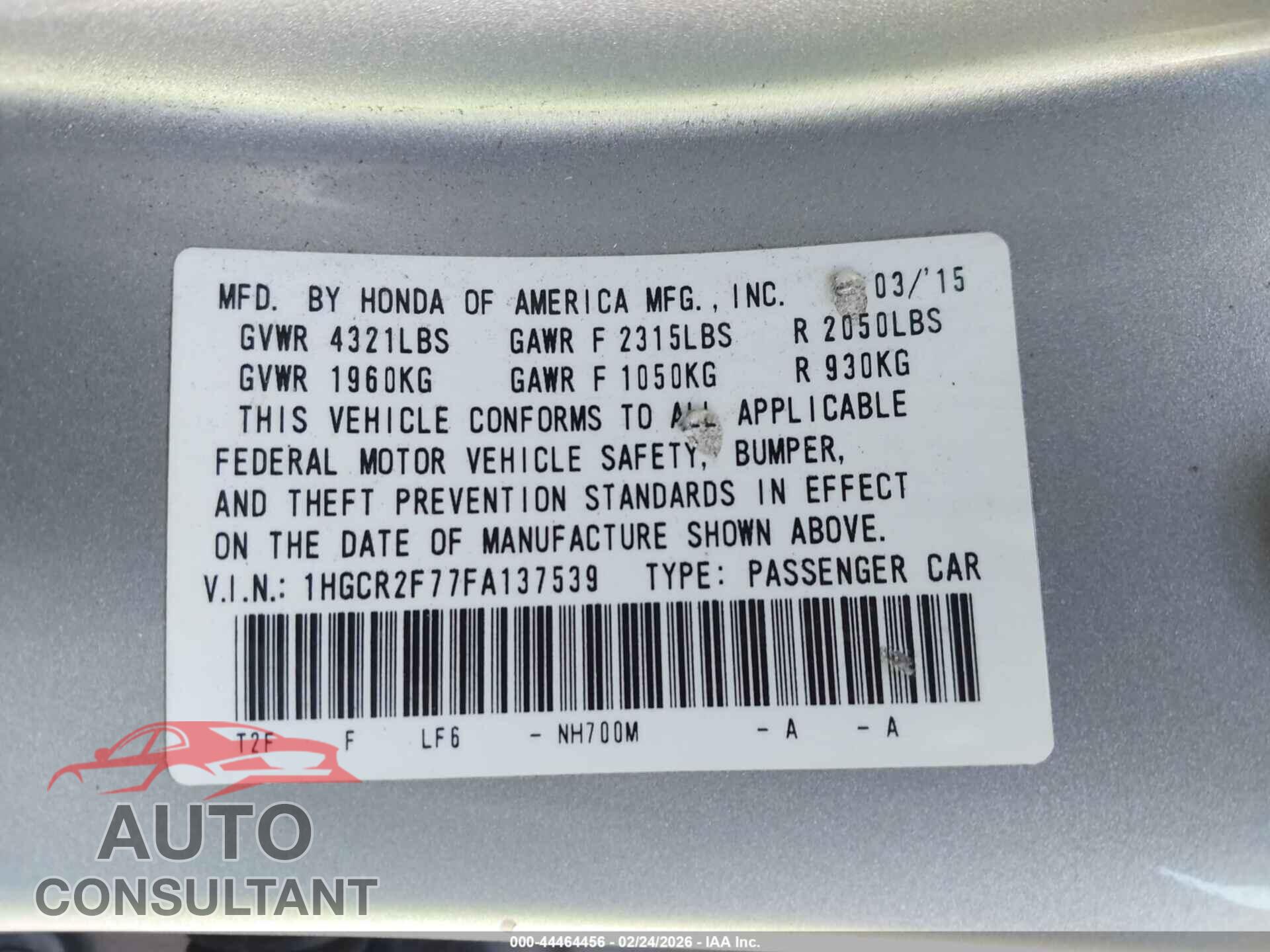 HONDA ACCORD 2015 - 1HGCR2F77FA137539