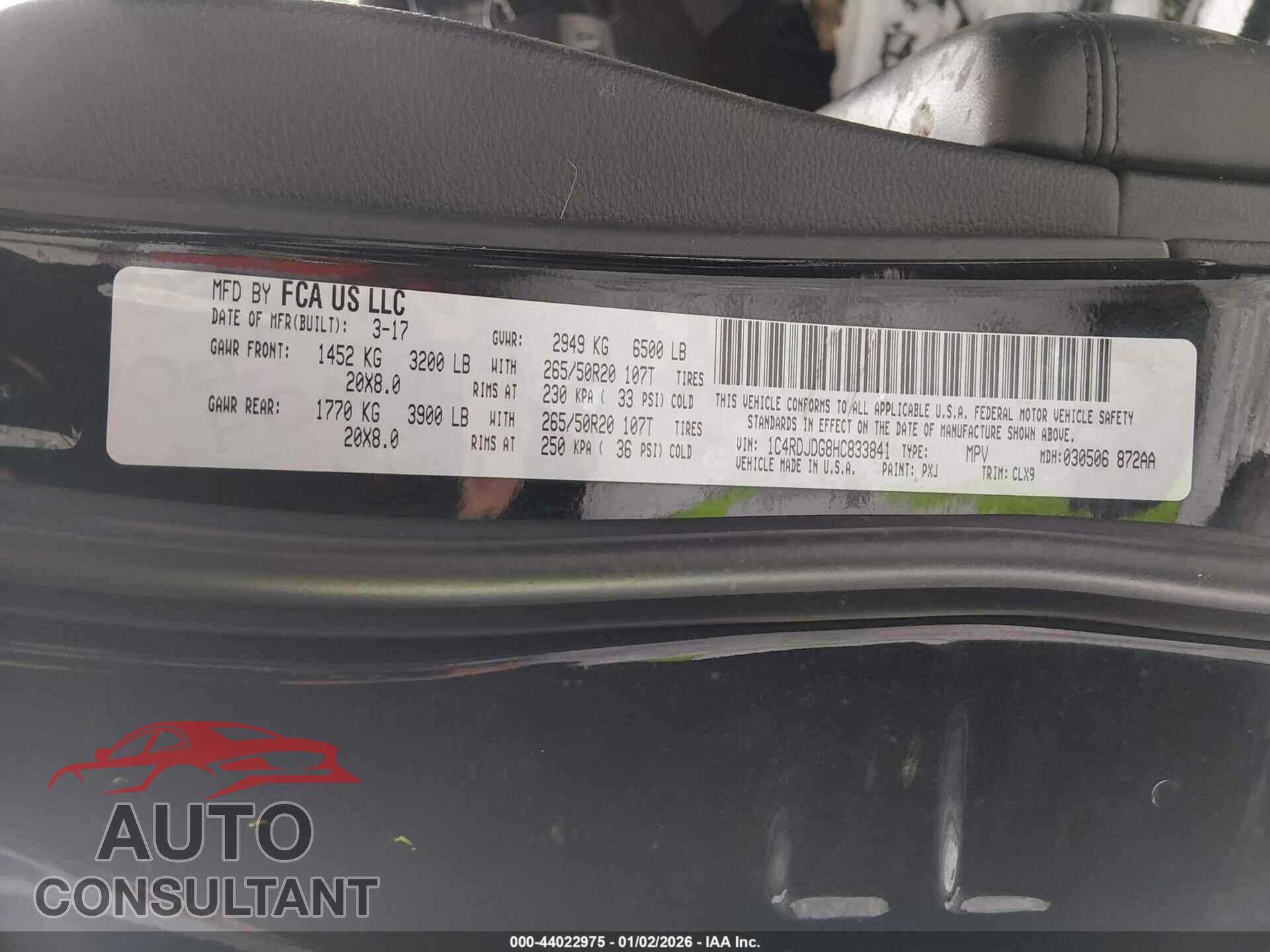 DODGE DURANGO 2017 - 1C4RDJDG8HC833841