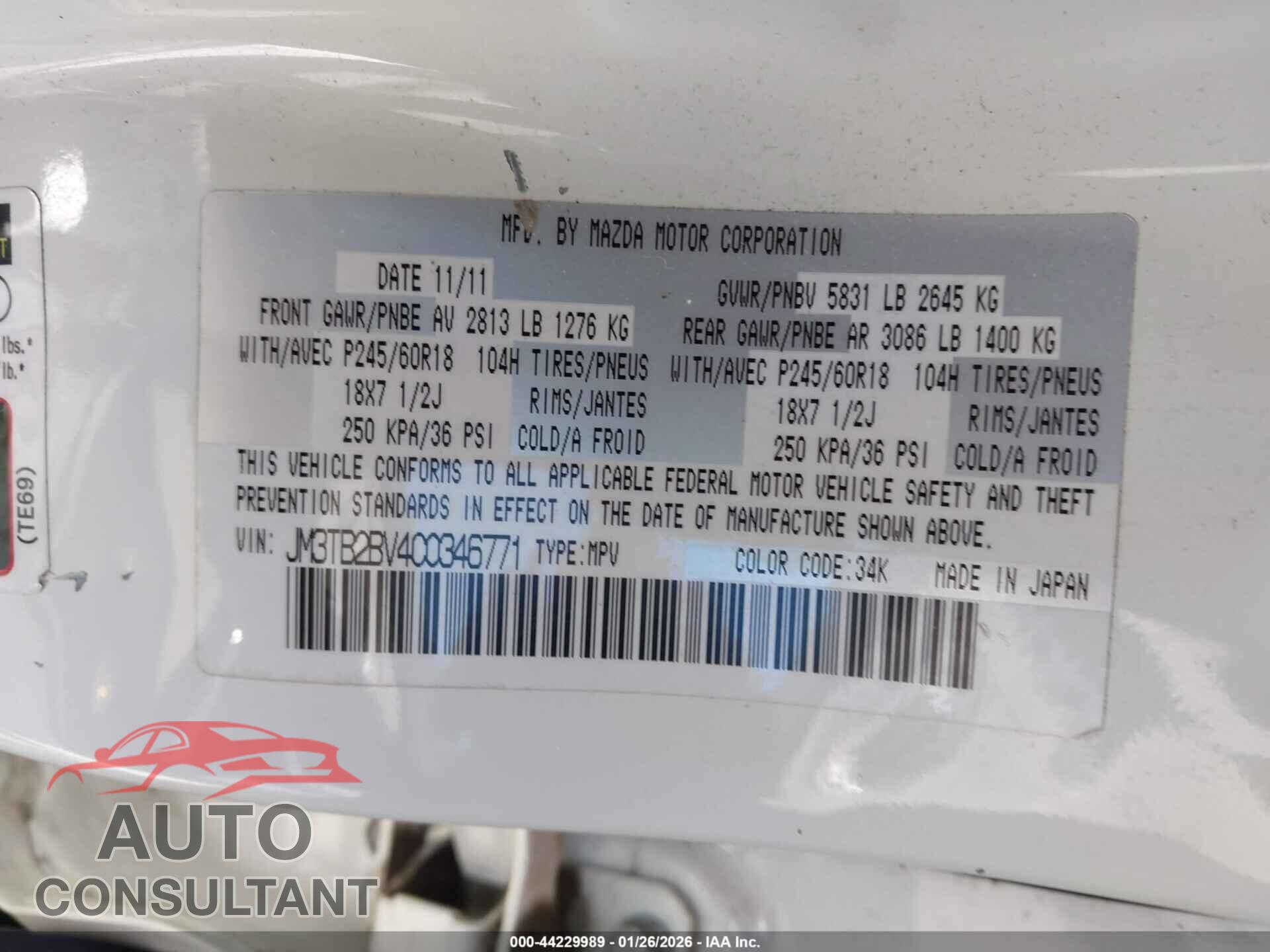 MAZDA CX-9 2012 - JM3TB2BV4C0346771