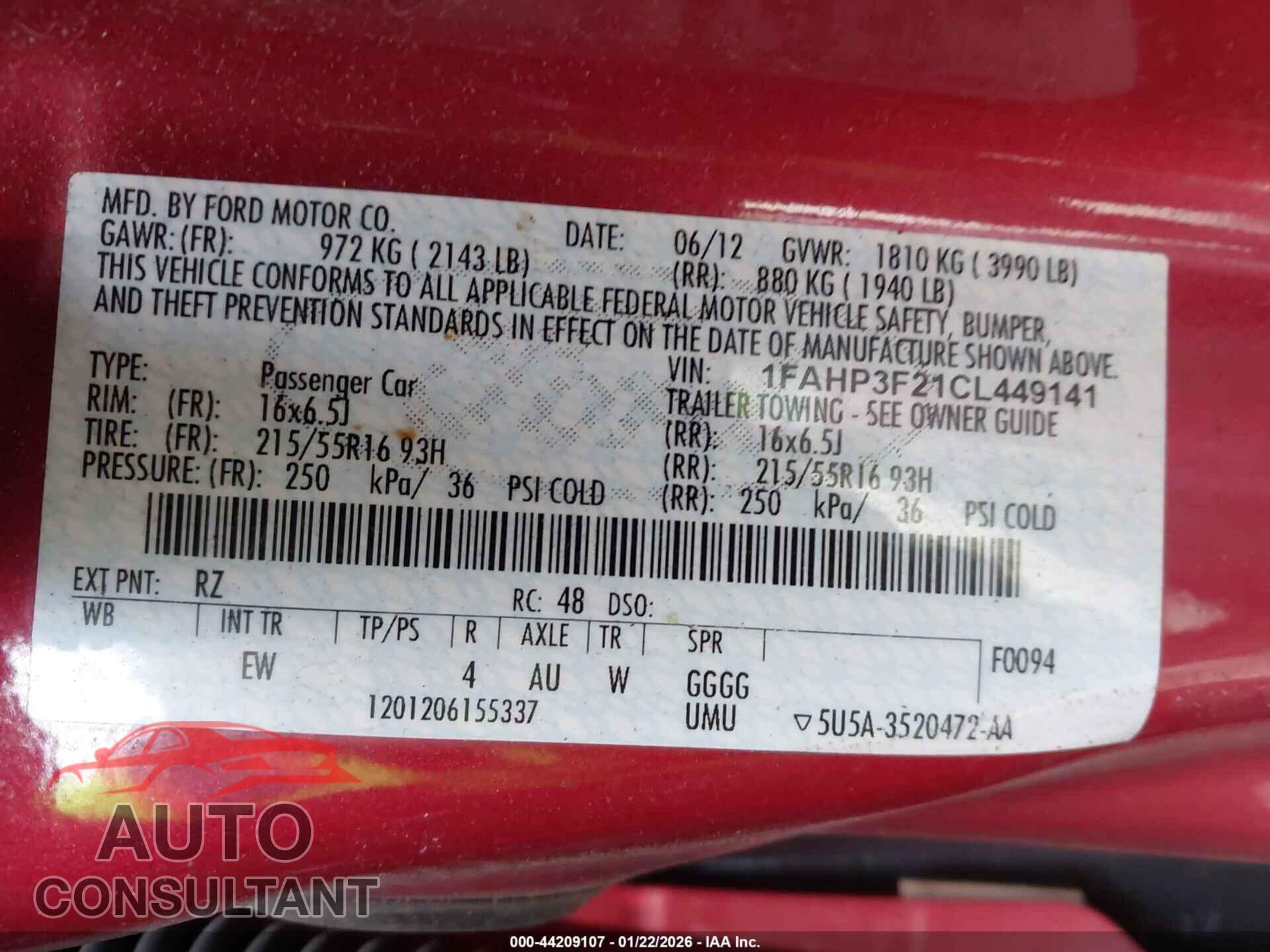 FORD FOCUS 2012 - 1FAHP3F21CL449141