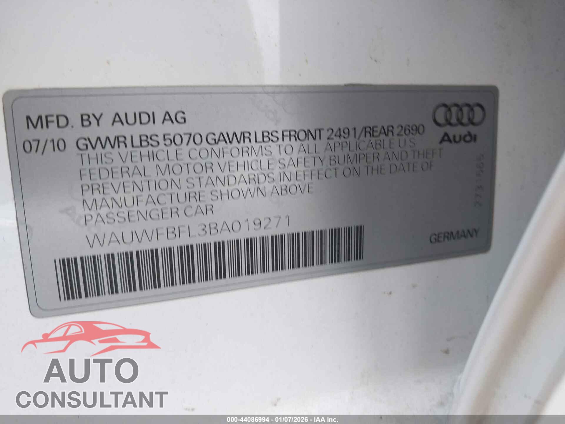 AUDI A4 2011 - WAUWFBFL3BA019271