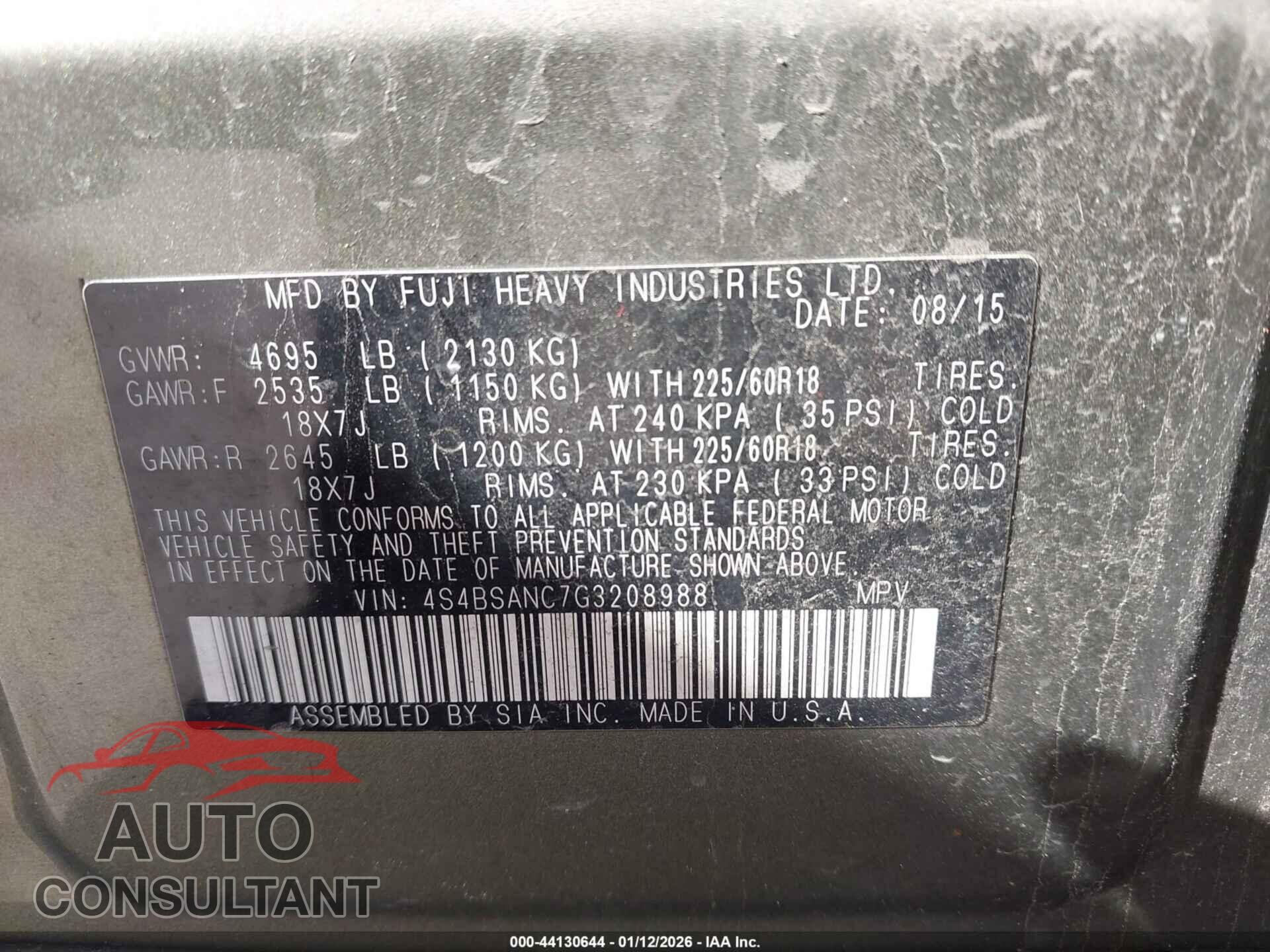 SUBARU OUTBACK 2016 - 4S4BSANC7G3208988