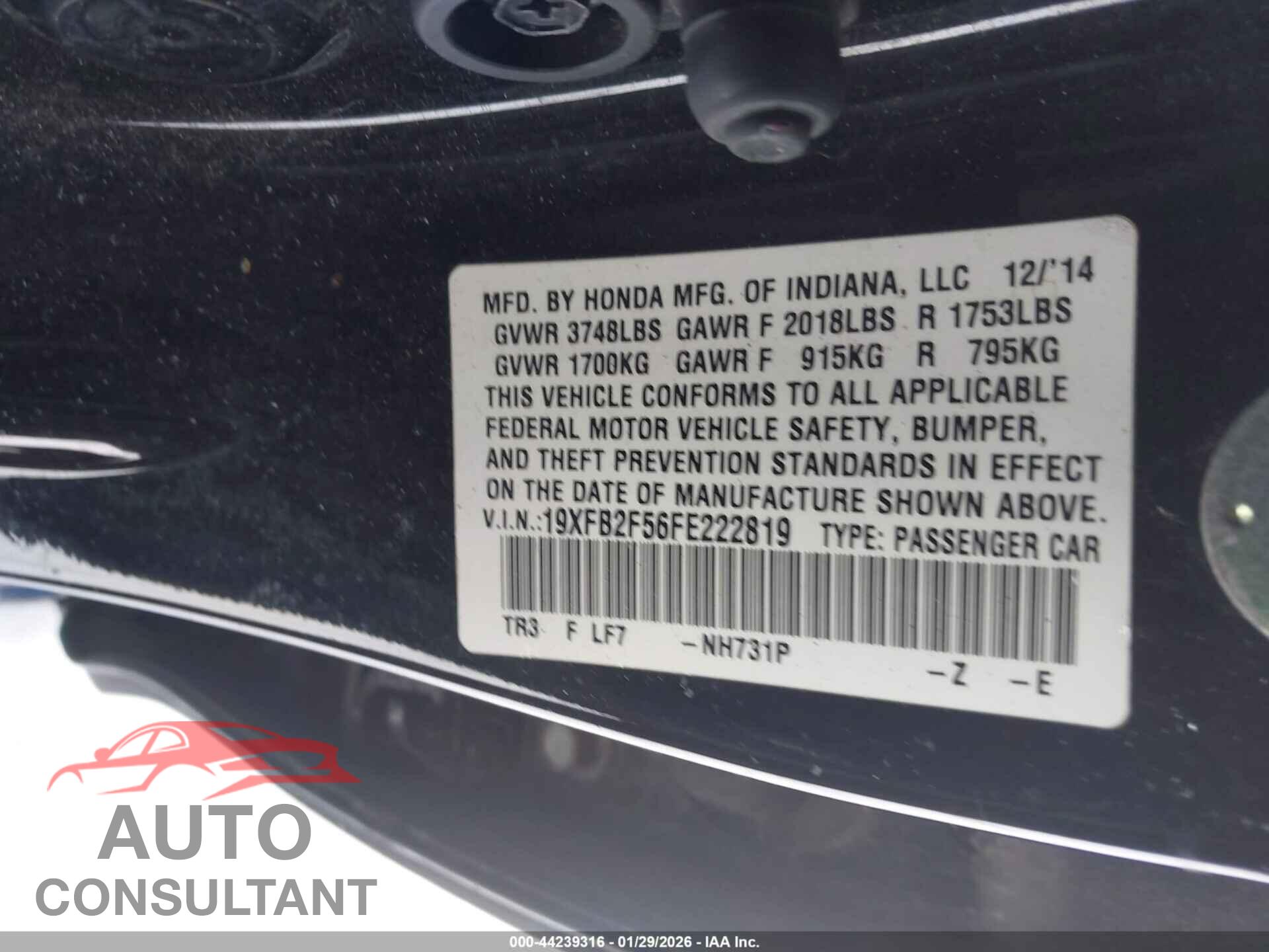 HONDA CIVIC 2015 - 19XFB2F56FE222819