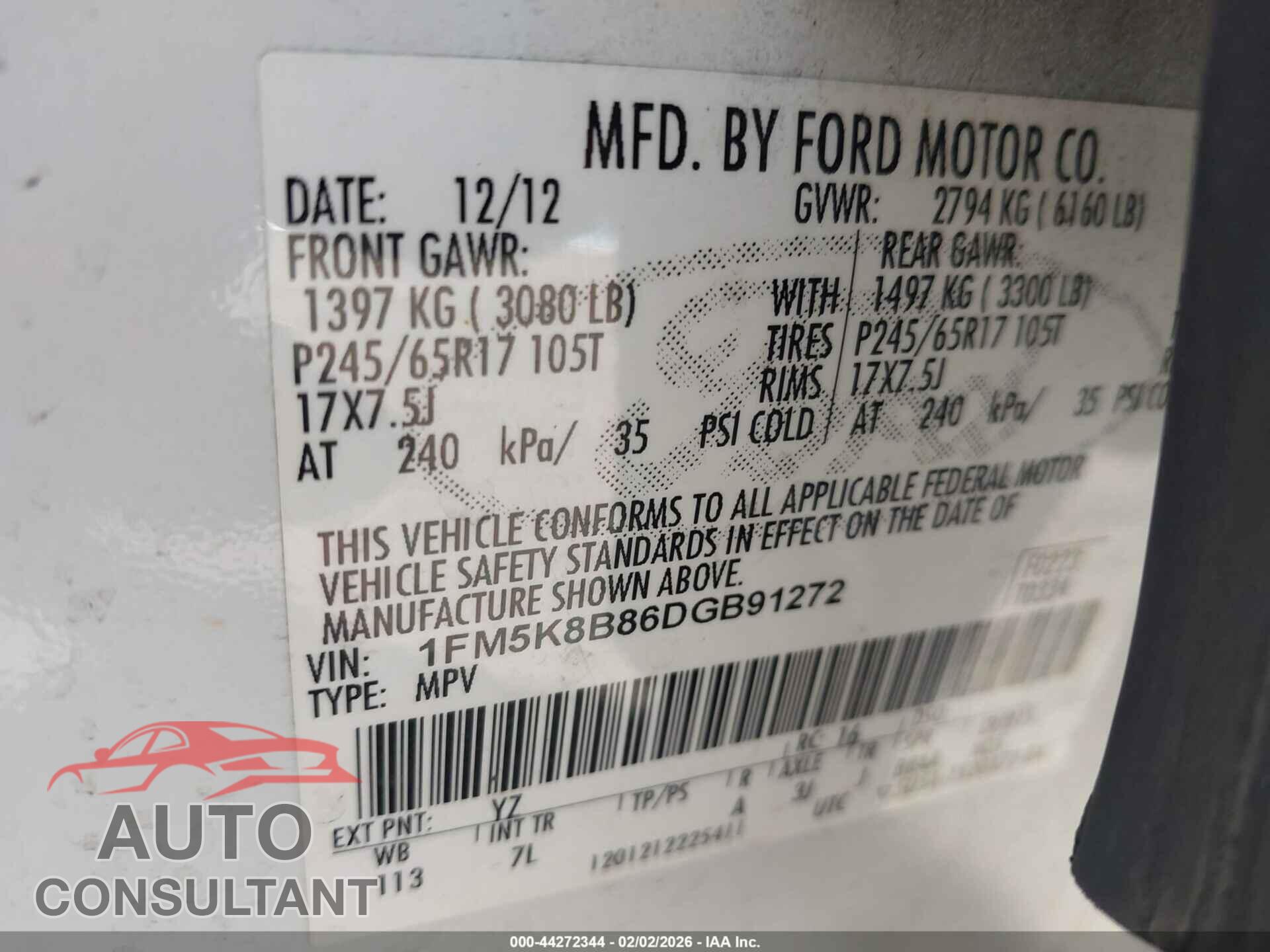 FORD EXPLORER 2013 - 1FM5K8B86DGB91272