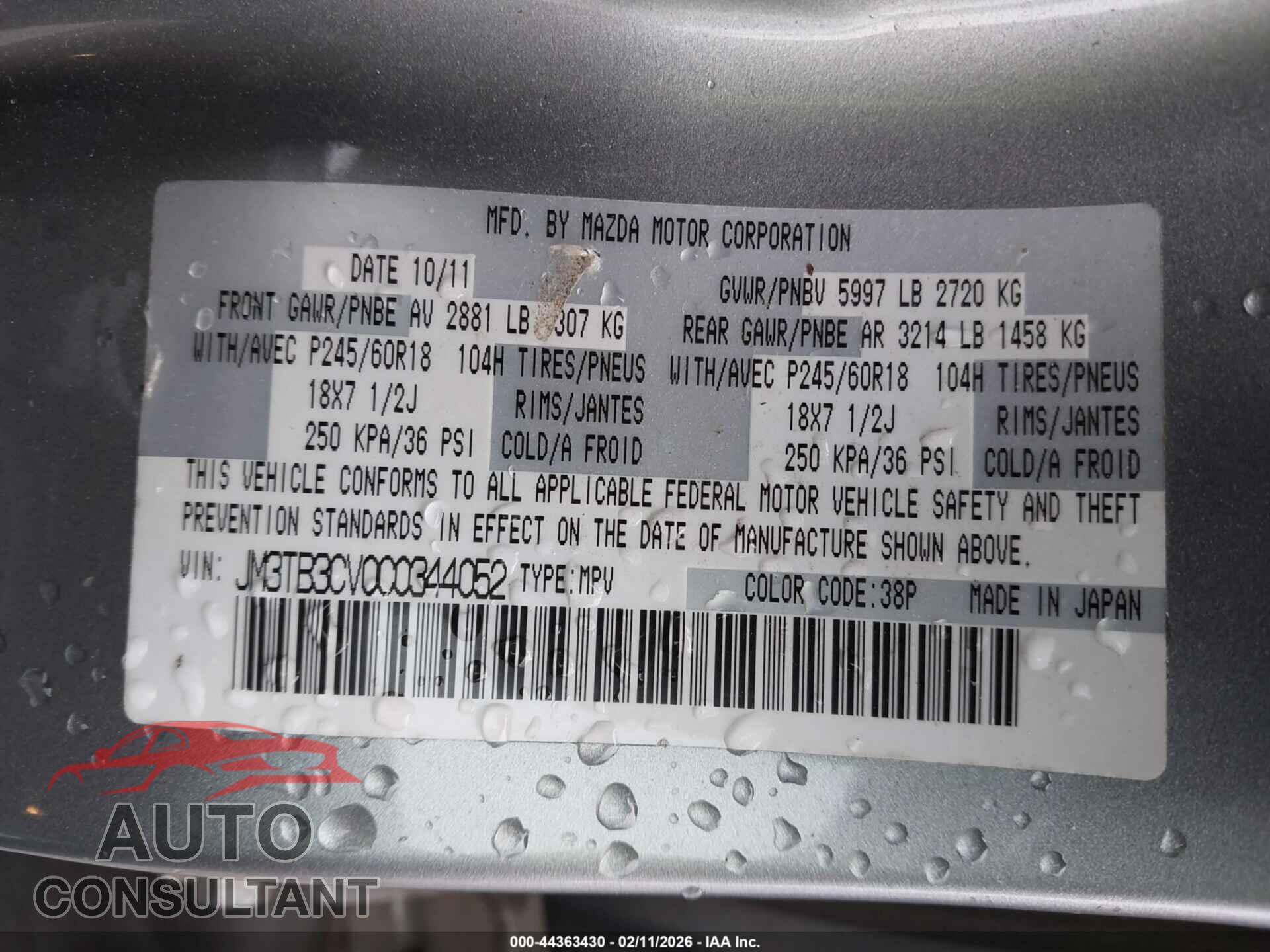 MAZDA CX-9 2012 - JM3TB3CV0C0344052