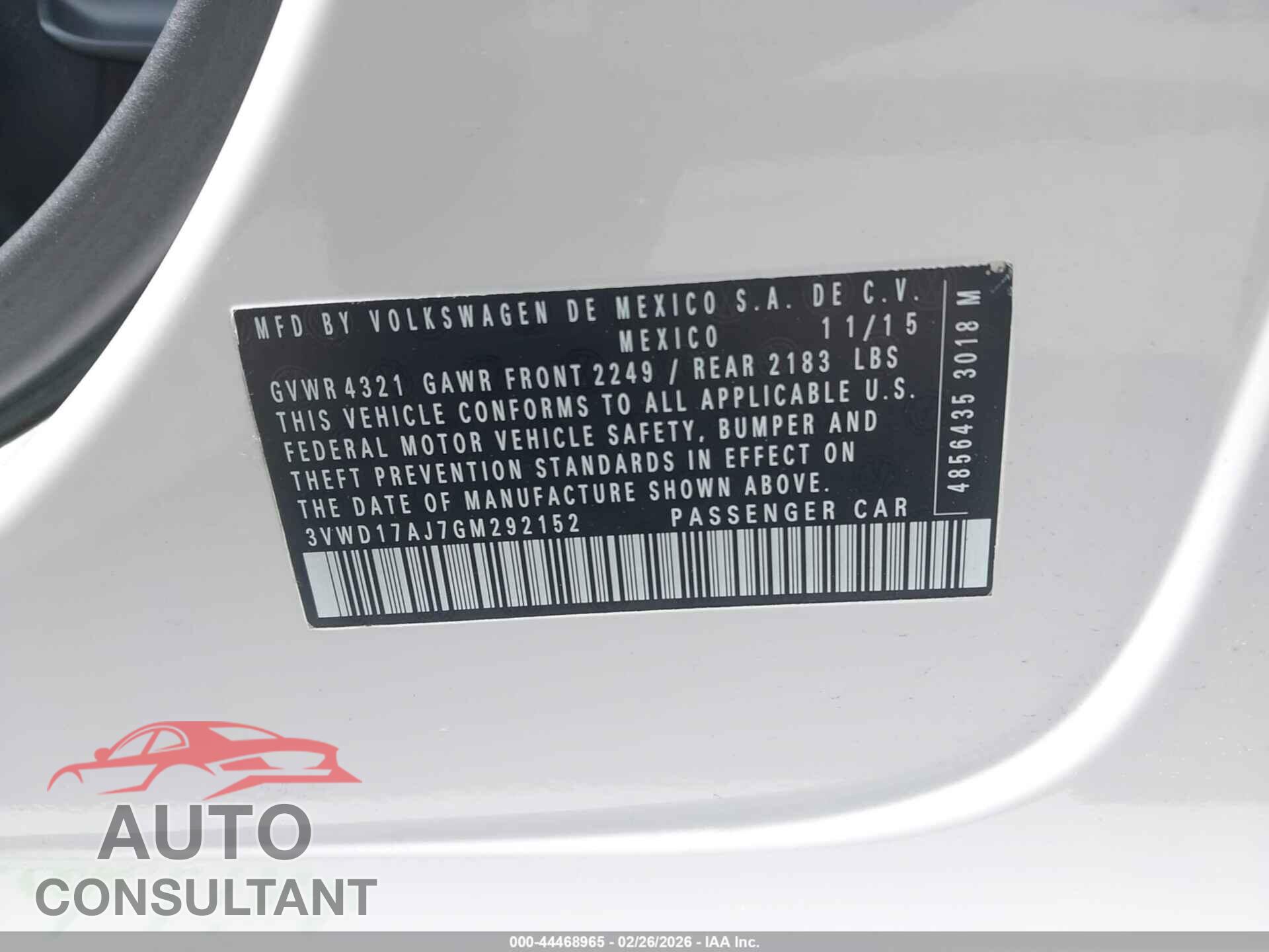 VOLKSWAGEN JETTA 2016 - 3VWD17AJ7GM292152