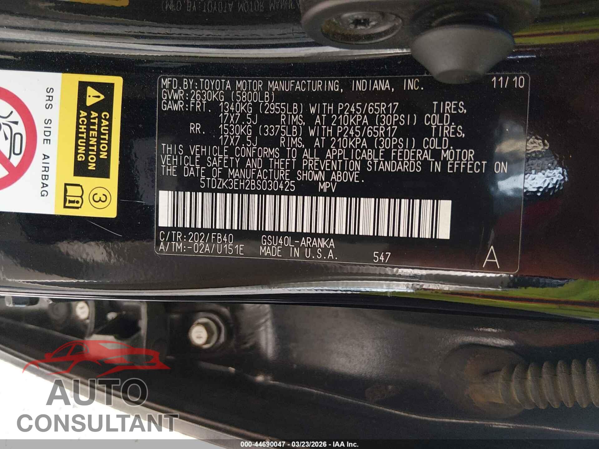 TOYOTA HIGHLANDER 2011 - 5TDZK3EH2BS030425
