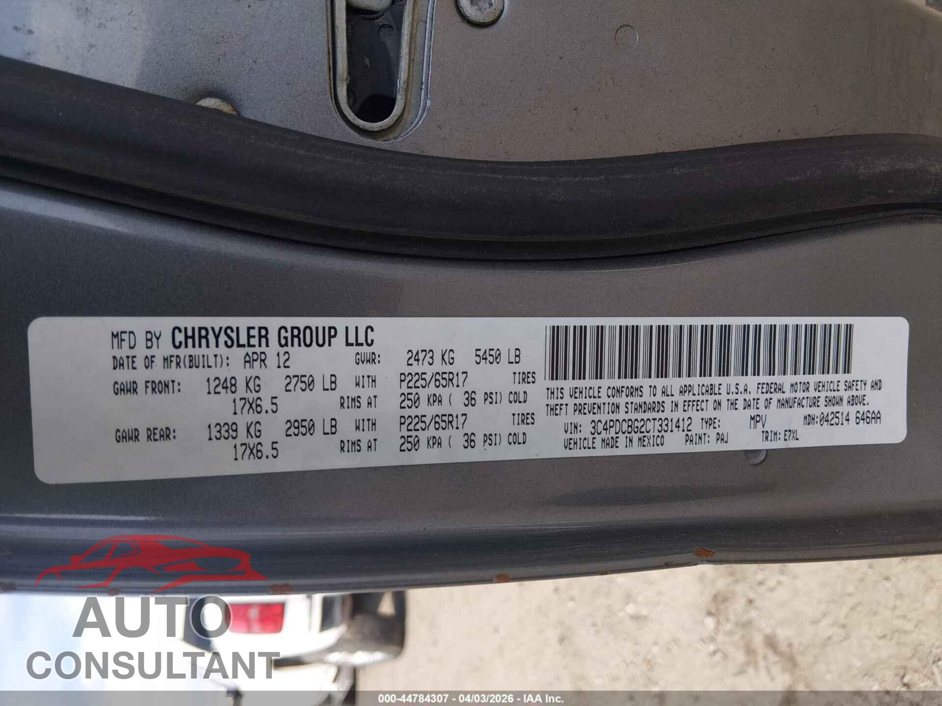 DODGE JOURNEY 2012 - 3C4PDCBG2CT331412