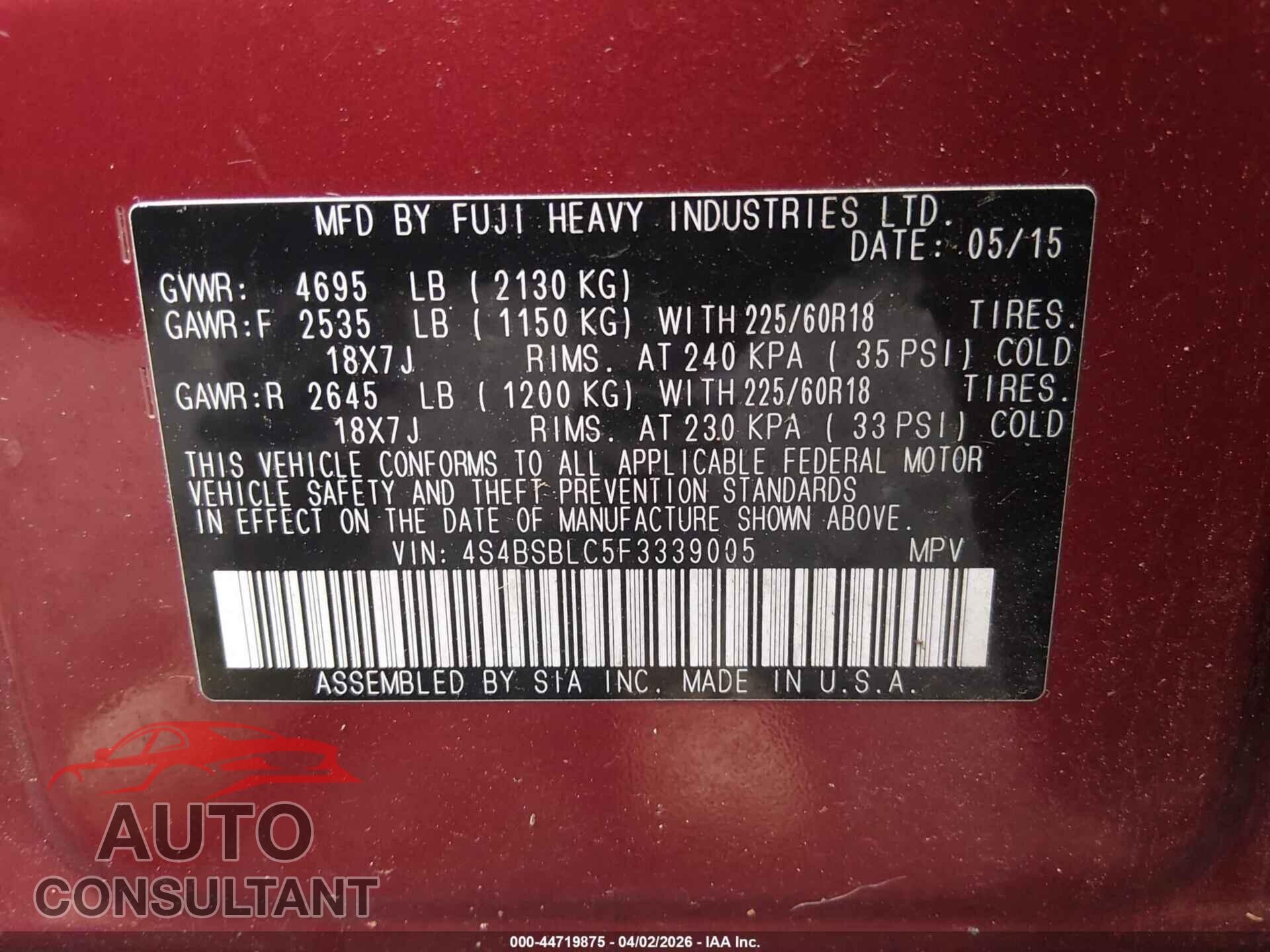 SUBARU OUTBACK 2015 - 4S4BSBLC5F3339005