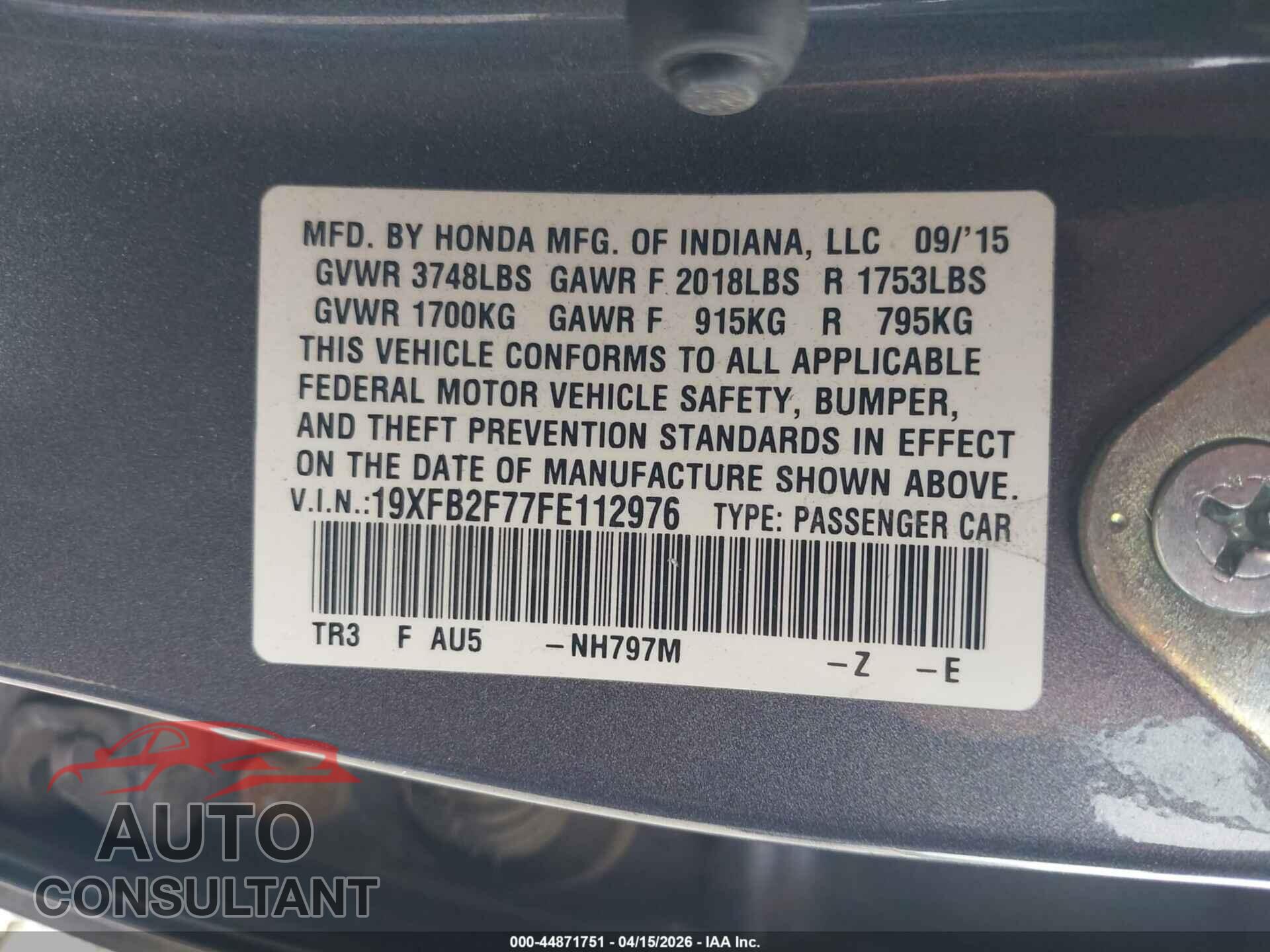 HONDA CIVIC 2015 - 19XFB2F77FE112976