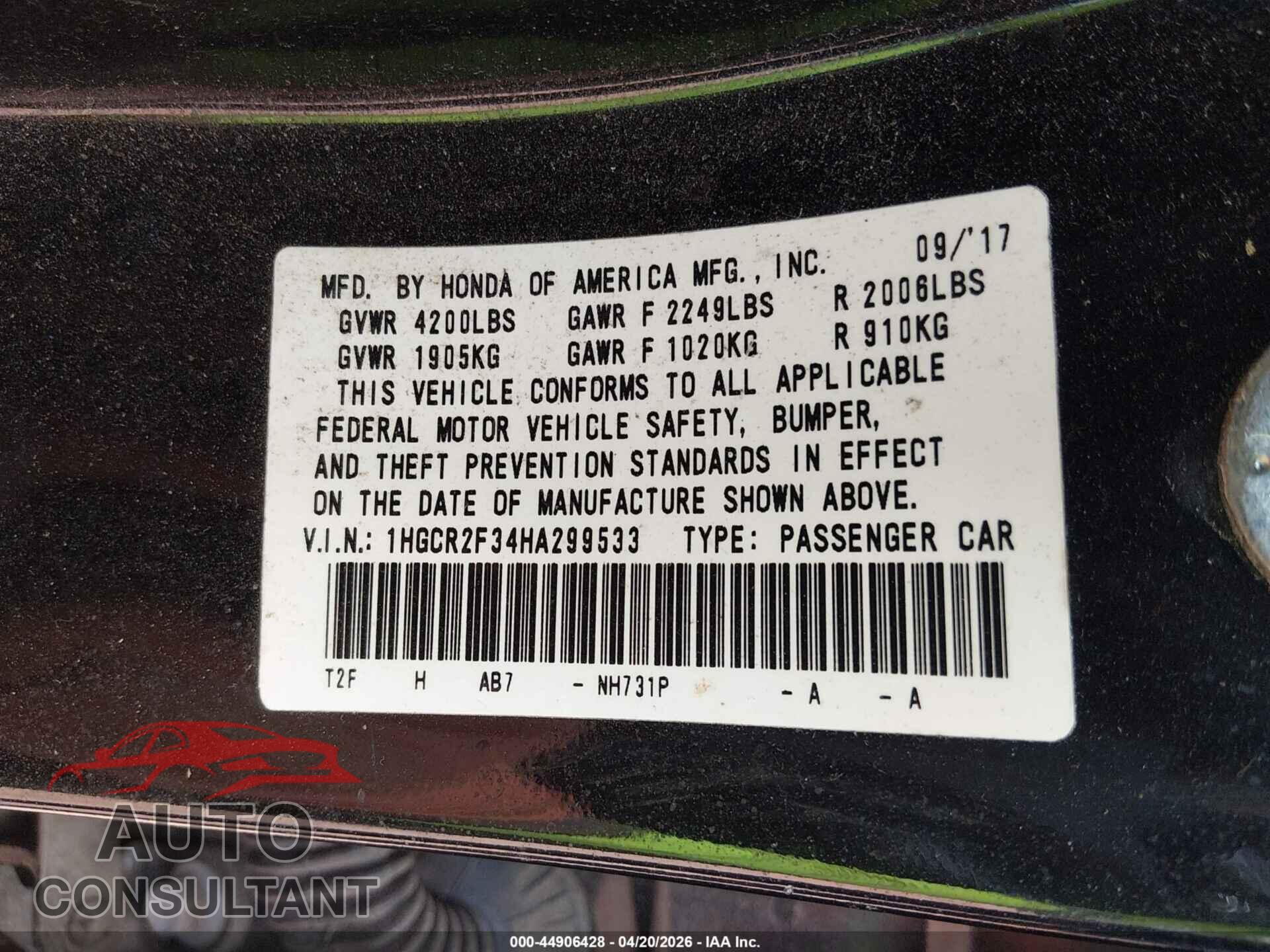 HONDA ACCORD 2017 - 1HGCR2F34HA299533