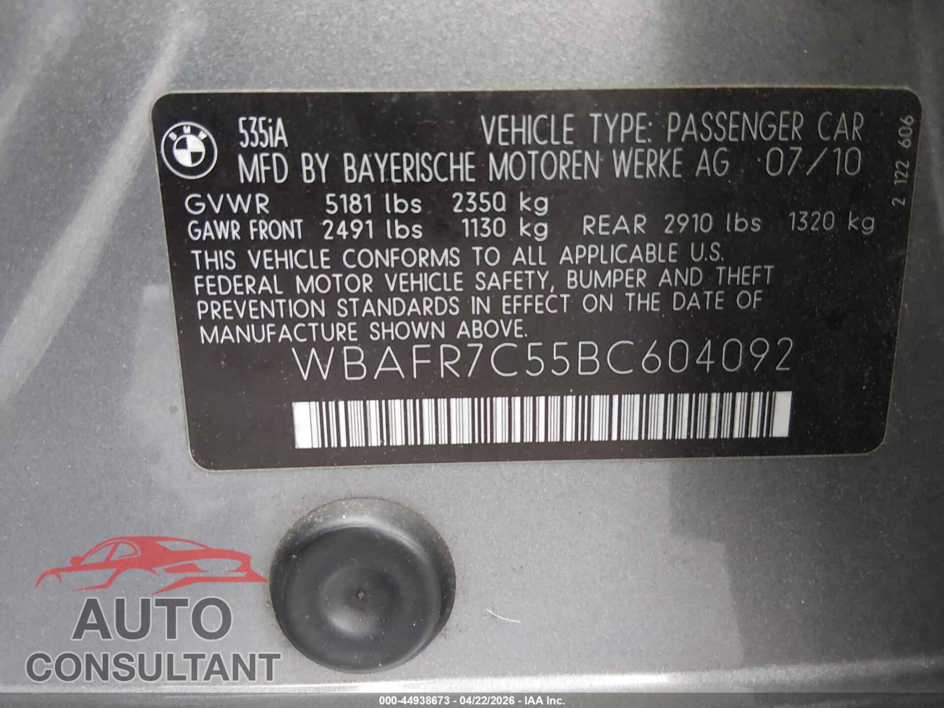 BMW 535I 2011 - WBAFR7C55BC604092