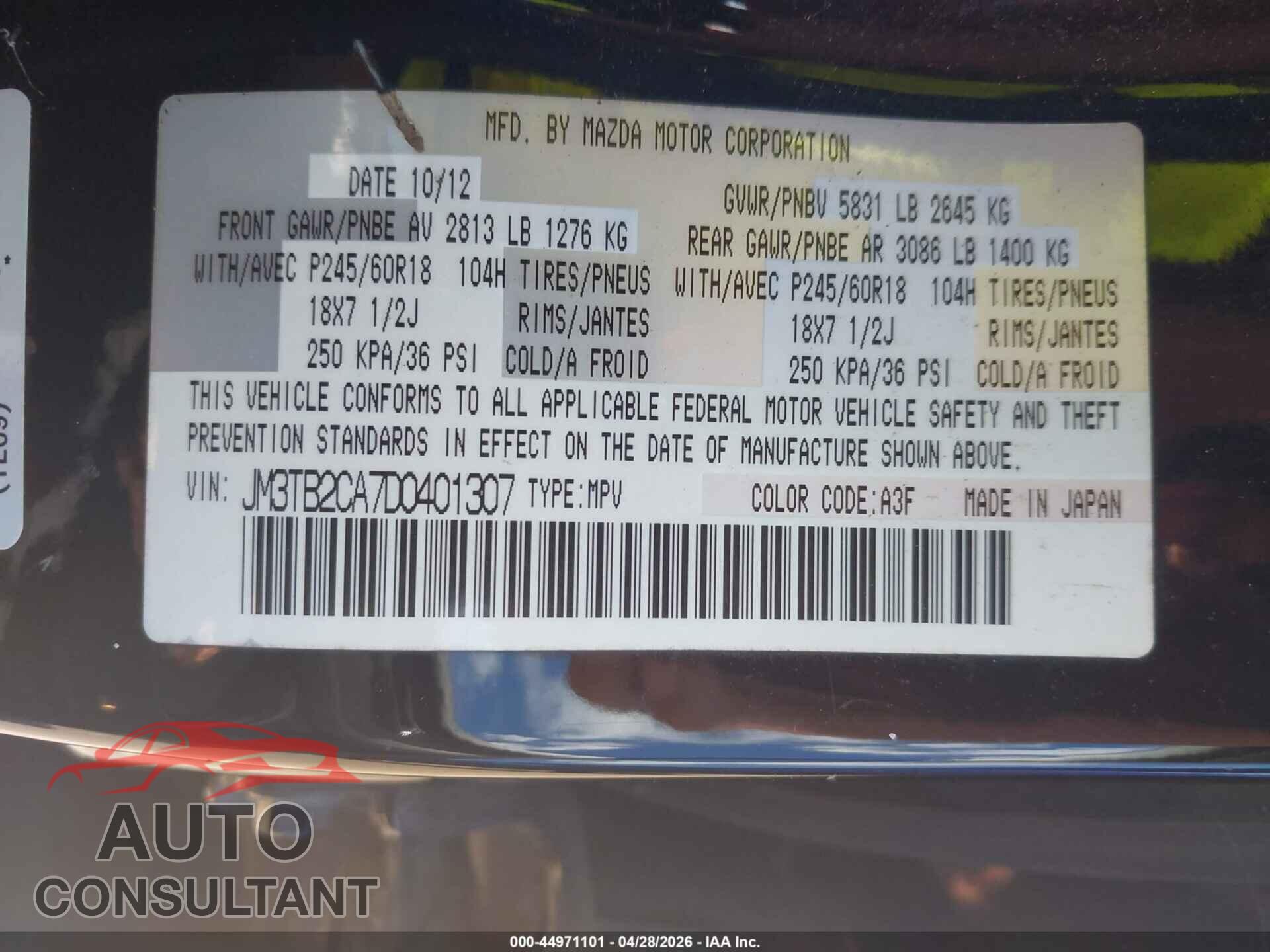 MAZDA CX-9 2013 - JM3TB2CA7D0401307