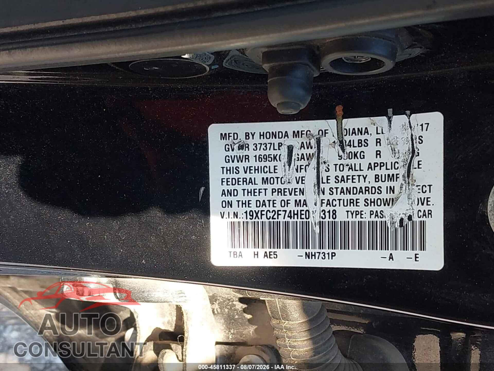 HONDA CIVIC 2017 - 19XFC2F74HE049318